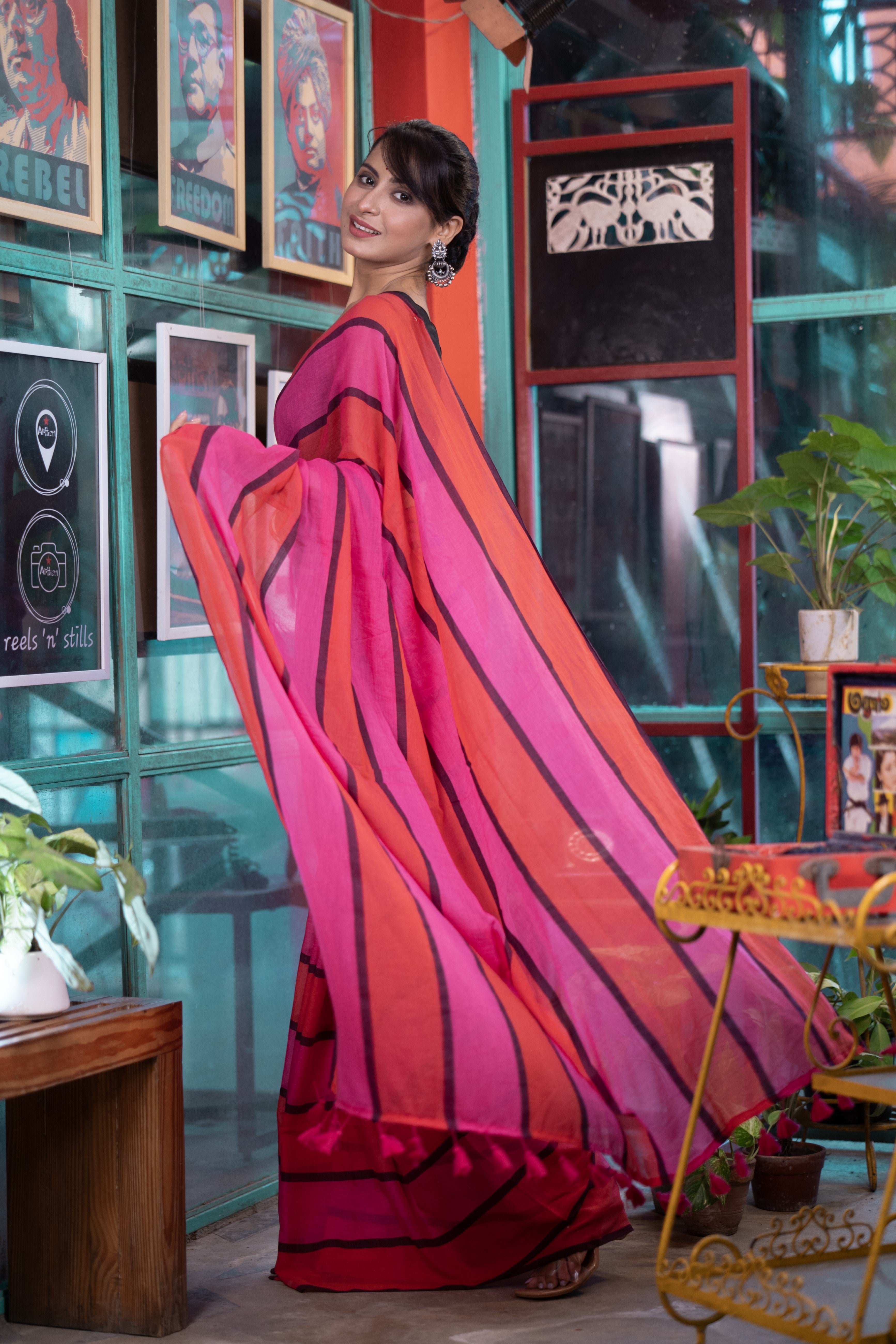 Check Mul Mul Cotton Saree - Orange and Rani