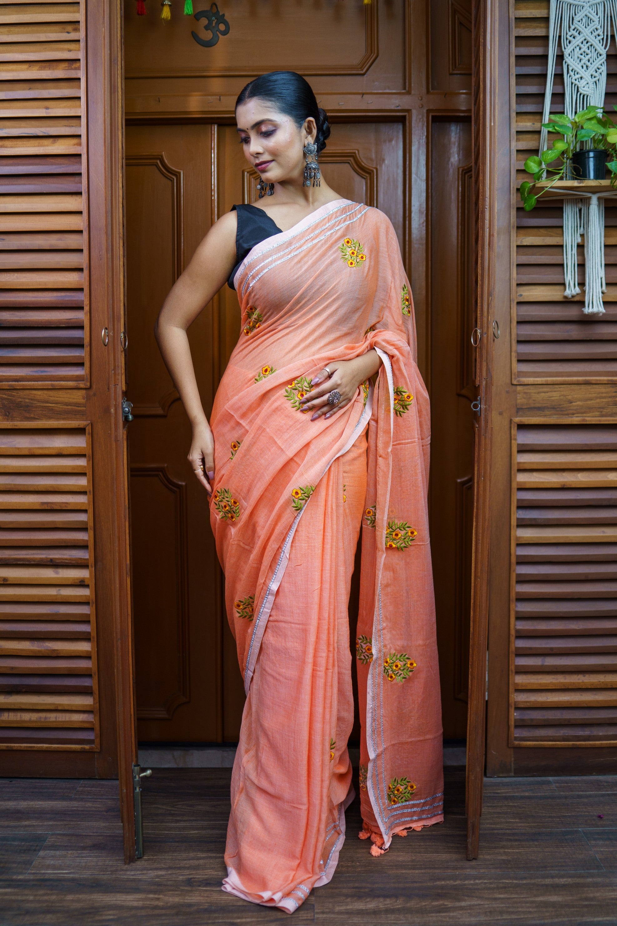 Peach Embroidered Mulmul Cotton Saree