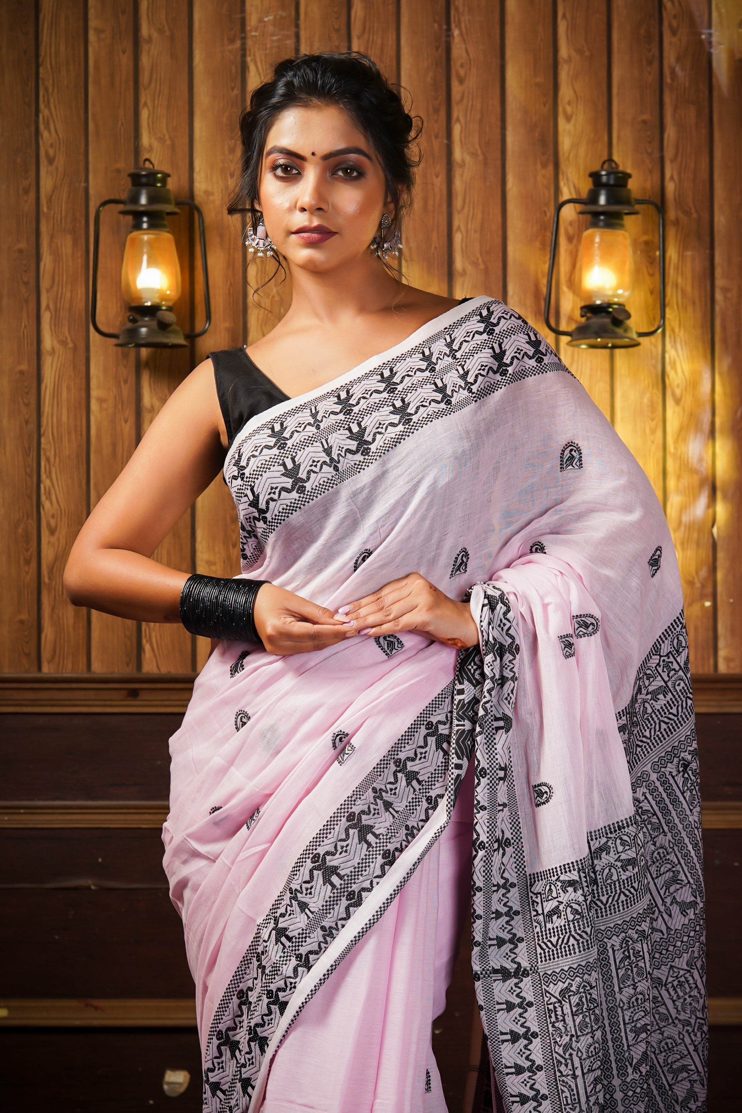 Pink & Black Pure Mashrise Cotton Hand Weaving Saree