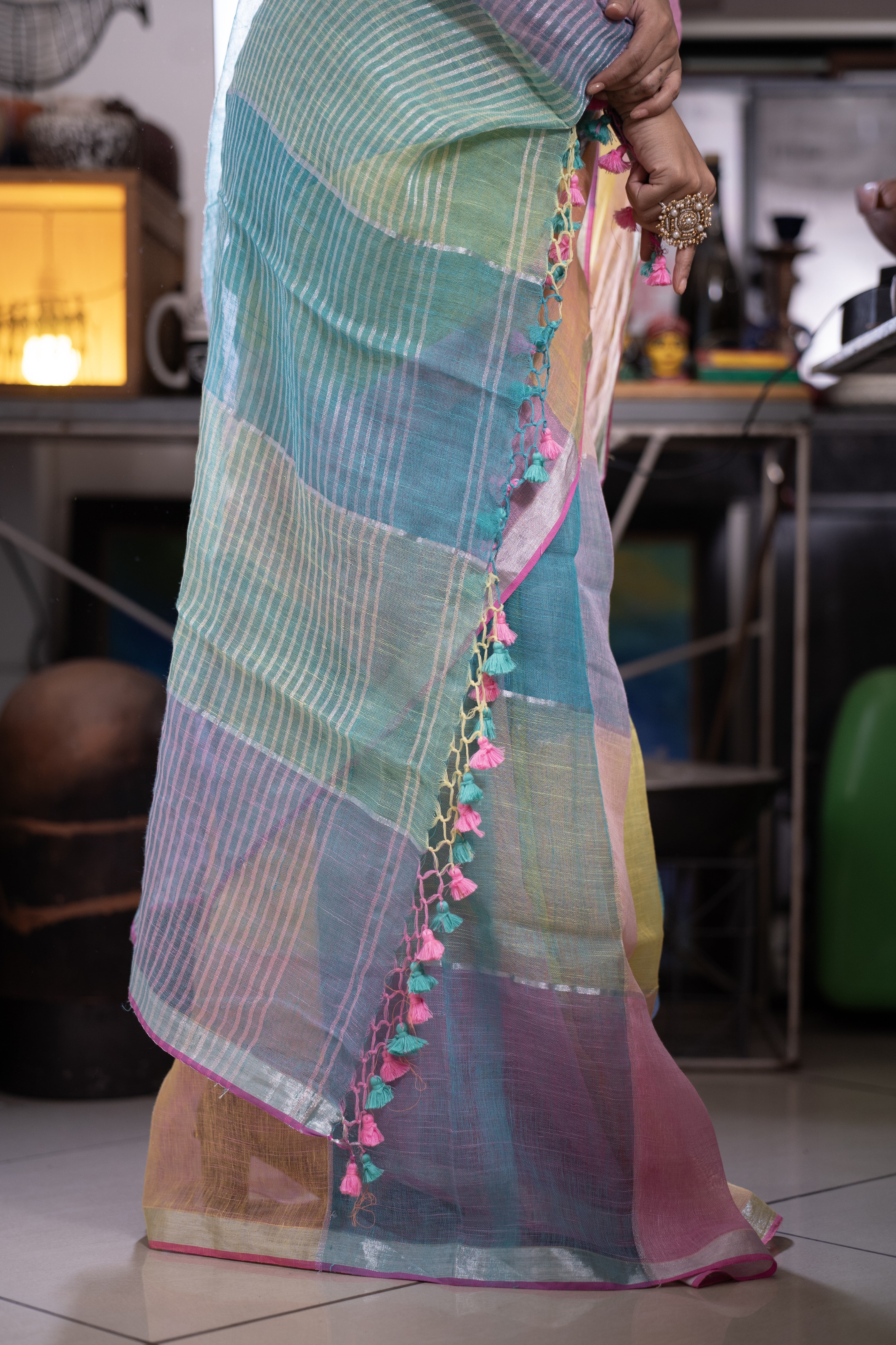 Pink and Yellow Multicolor Zari Check Linen Saree