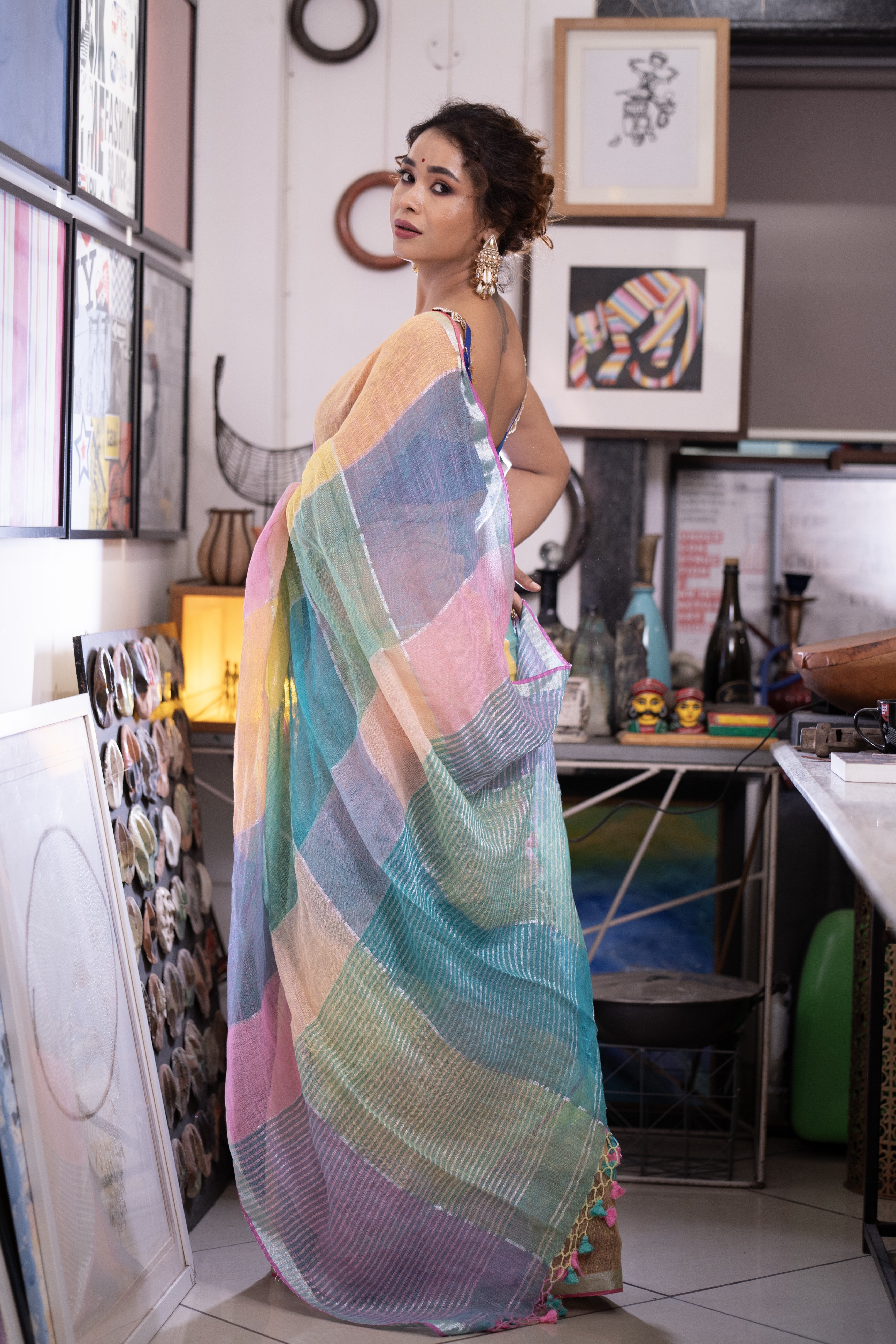 Pink and Yellow Multicolor Zari Check Linen Saree