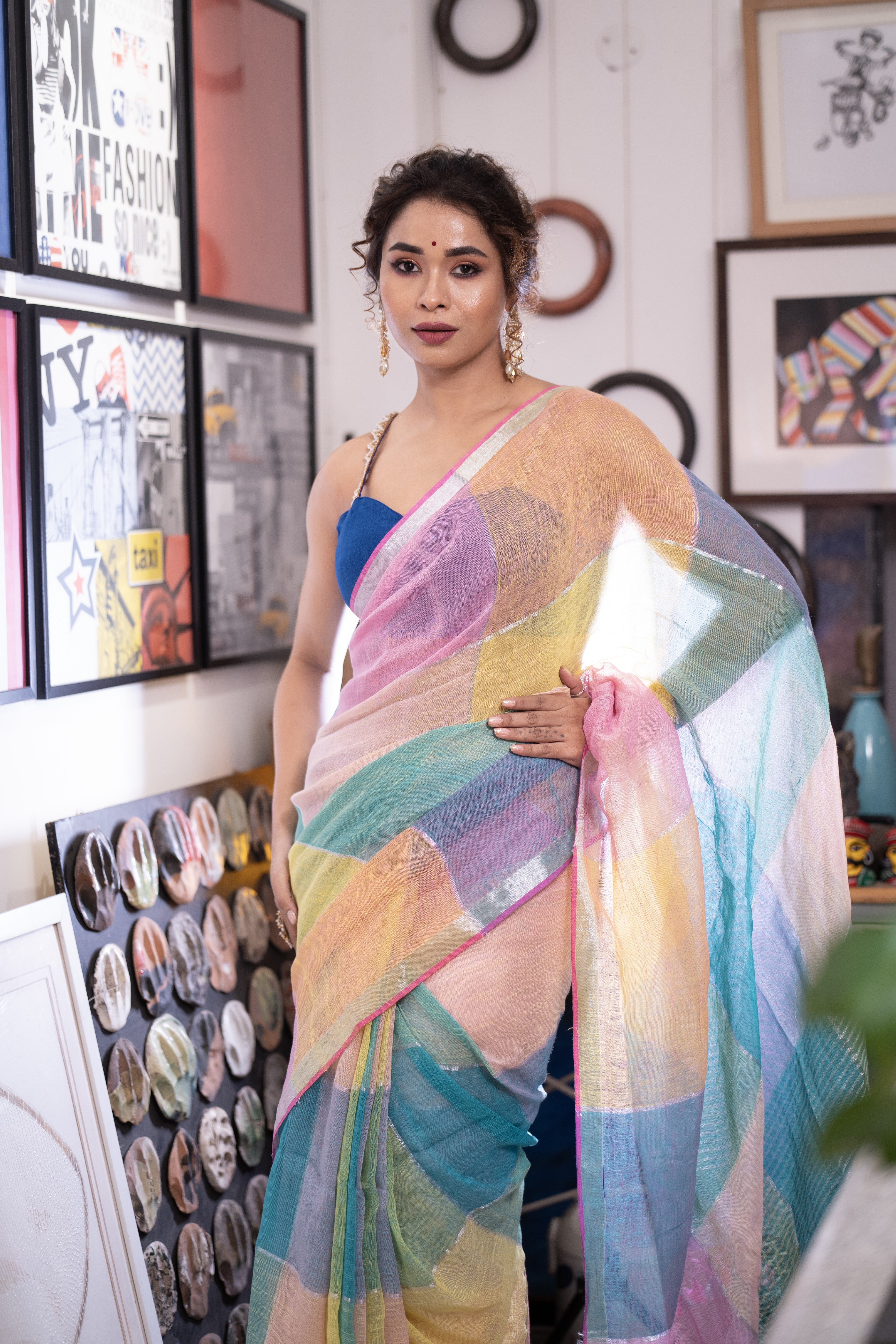 Pink and Yellow Multicolor Zari Check Linen Saree