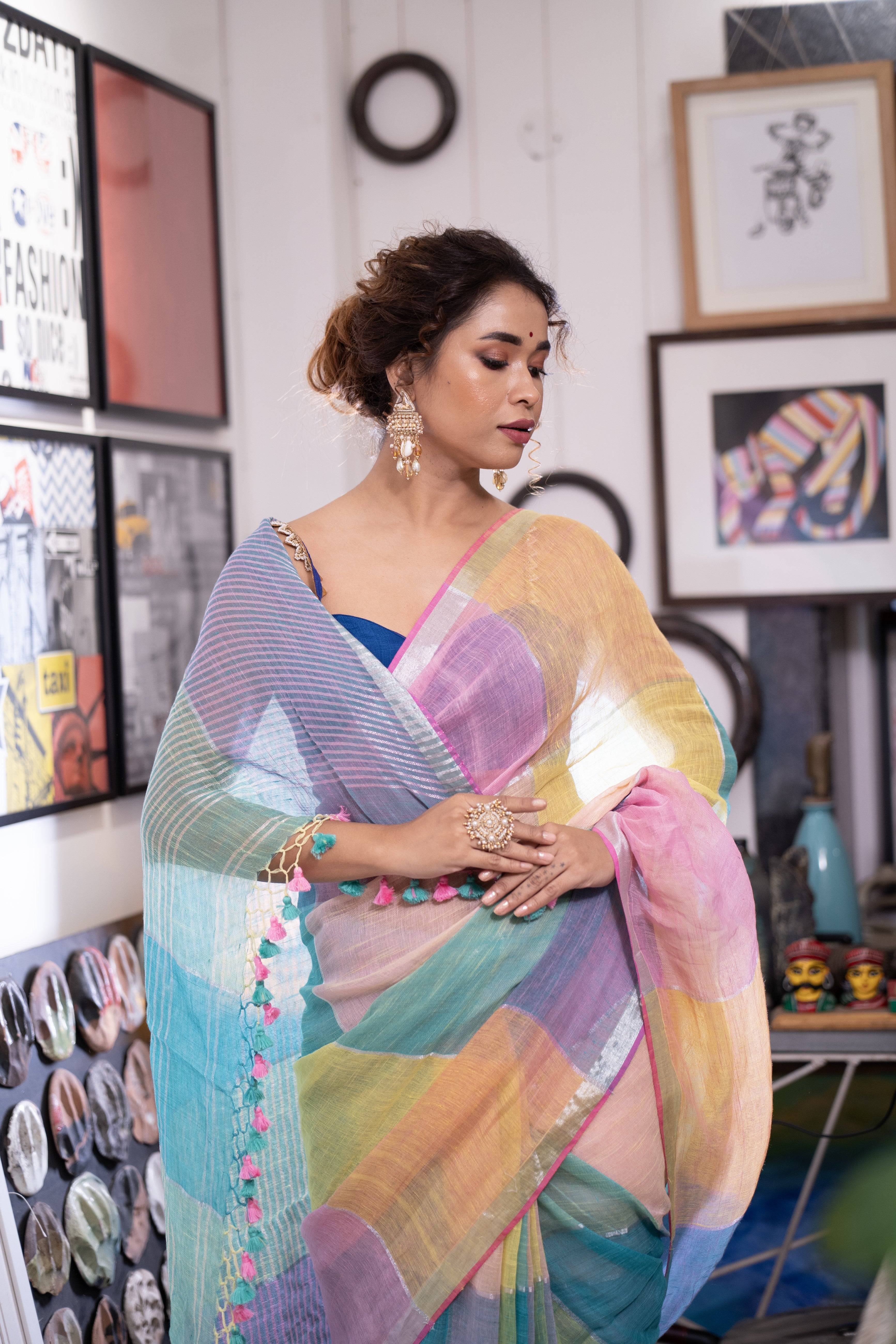 Pink and Yellow Multicolor Zari Check Linen Saree