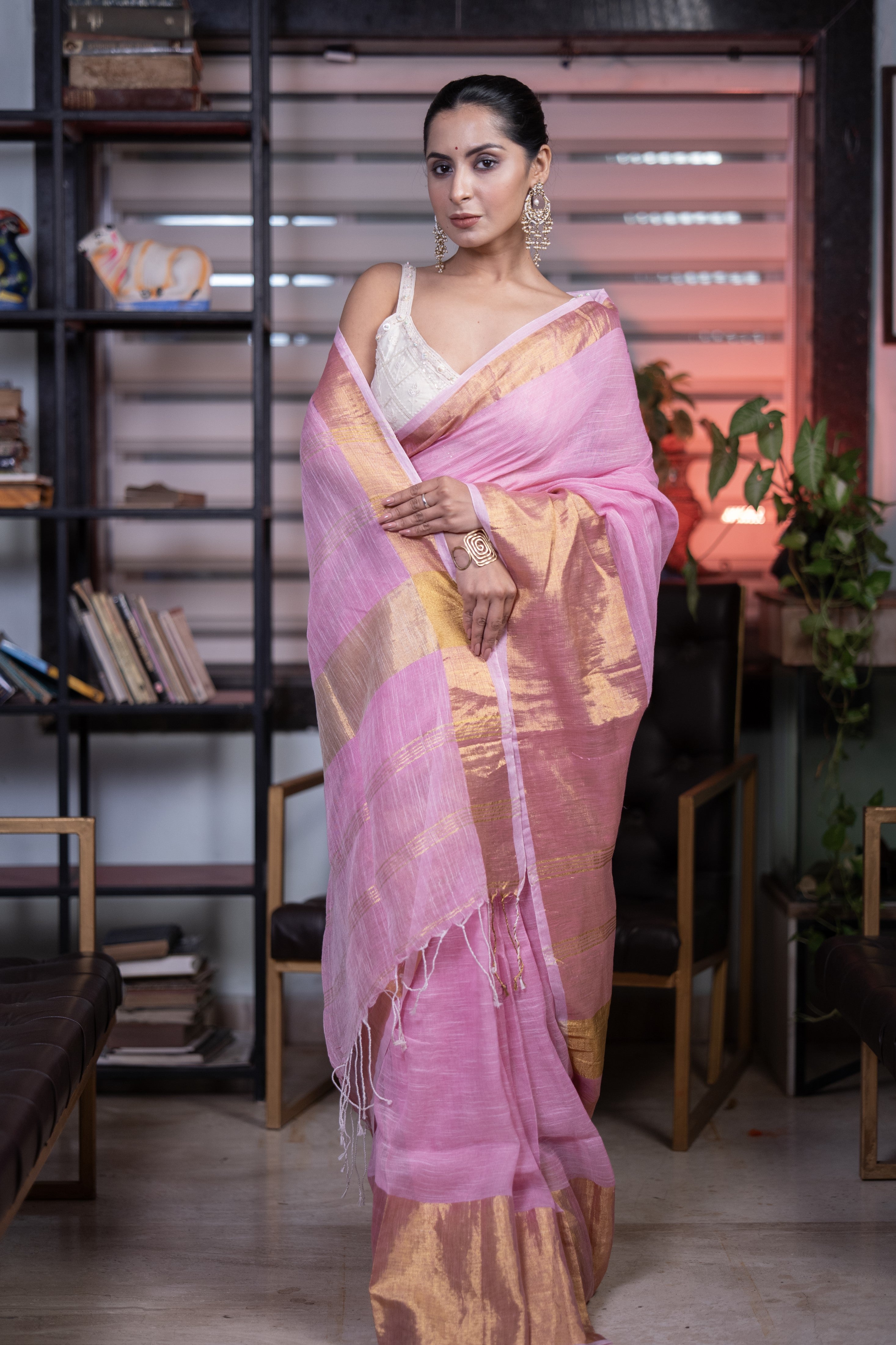 Pink mahapar Linen Saree