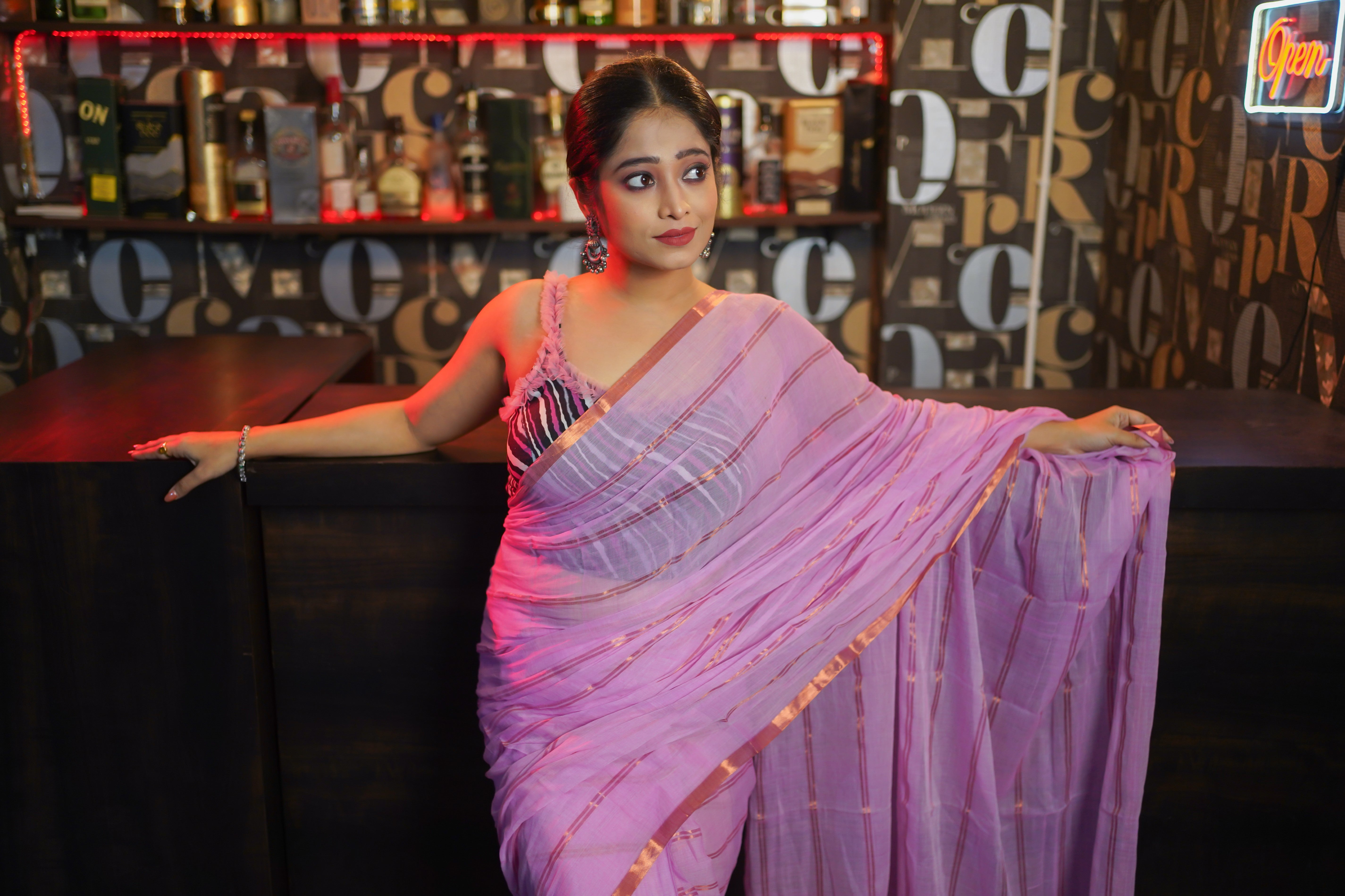Pink Striped Mul Mul Cotton Saree