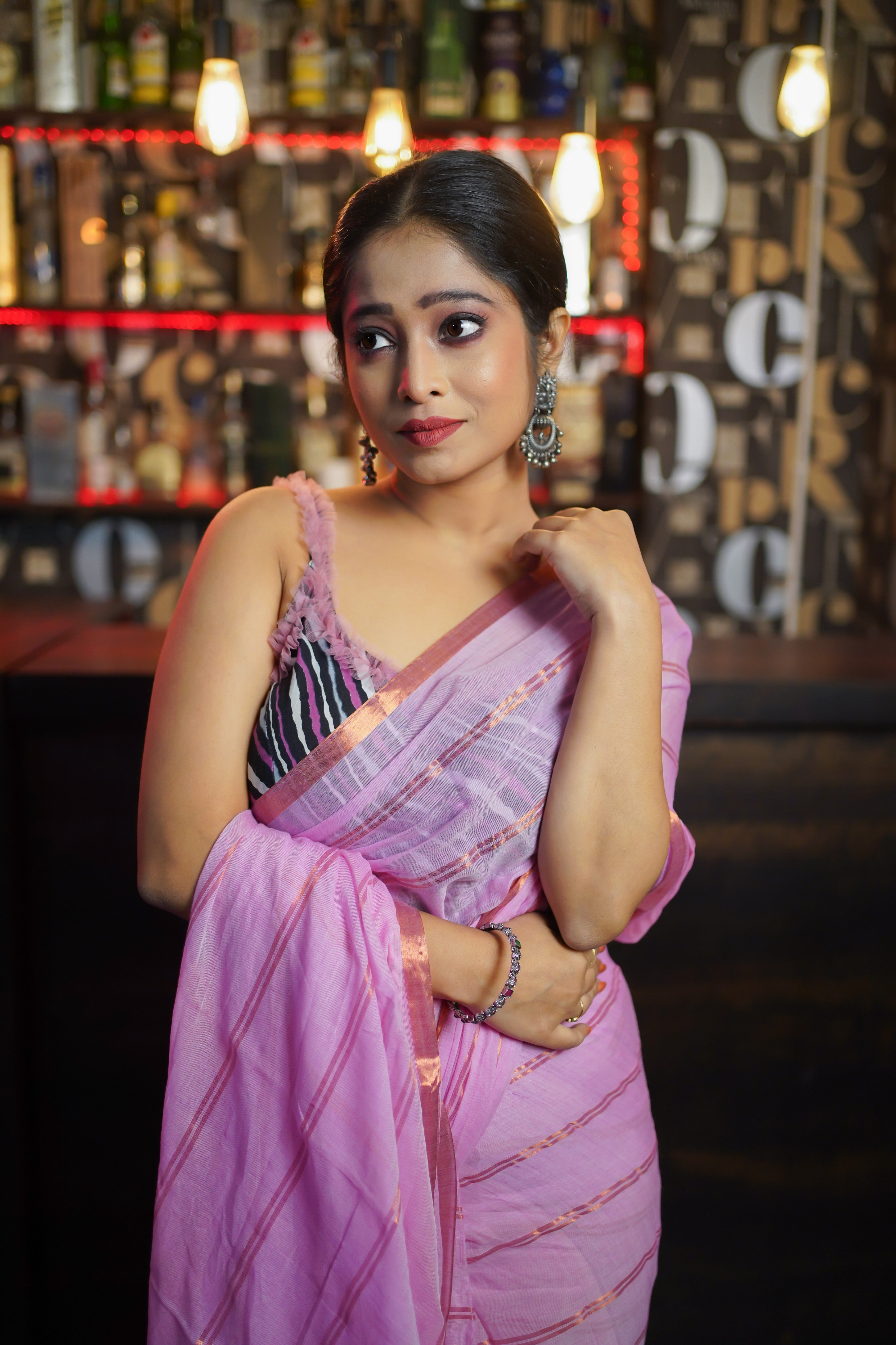 Pink Striped Mul Mul Cotton Saree
