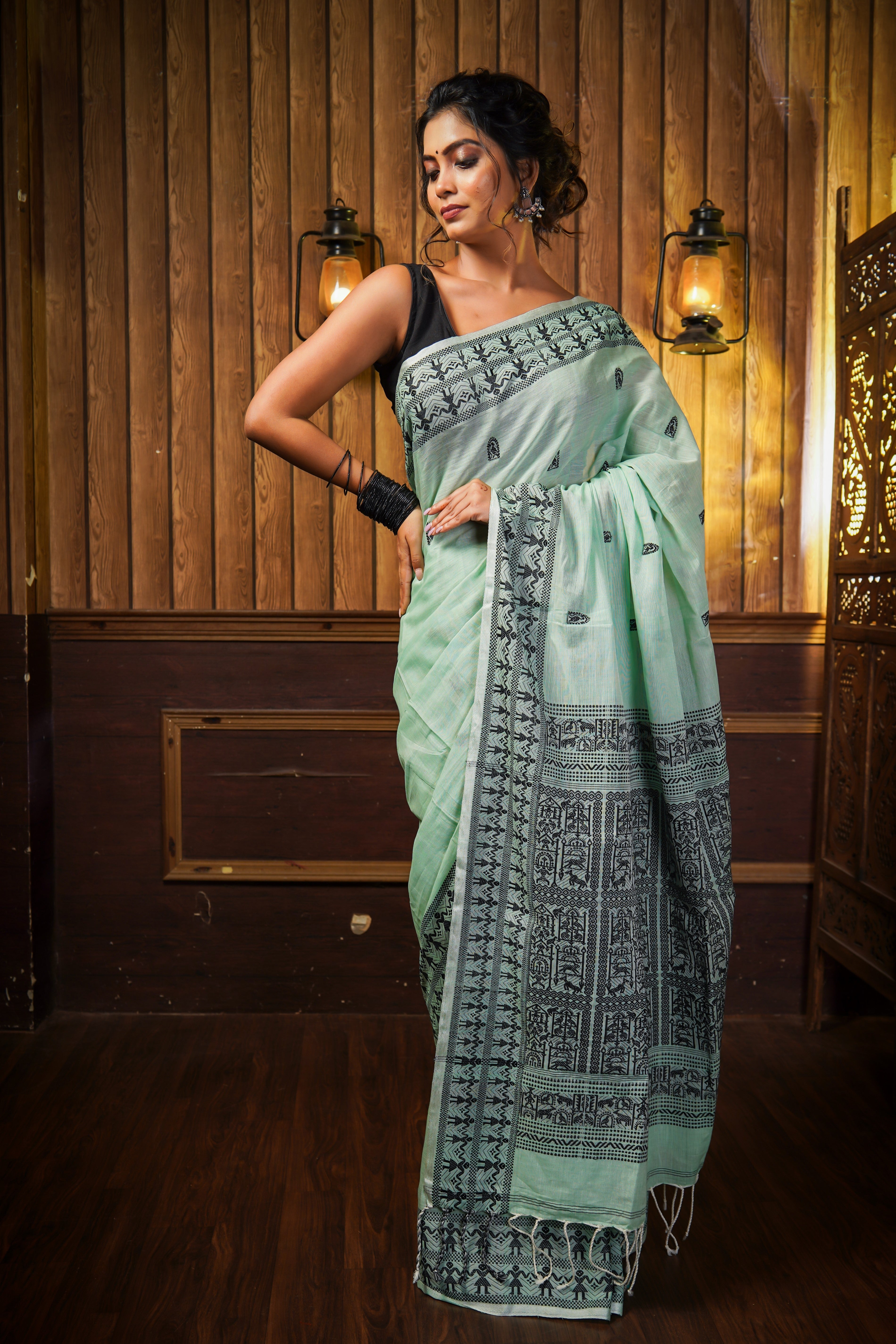 Pistachio & Black Pure Mashrise Cotton Hand Weaving Saree