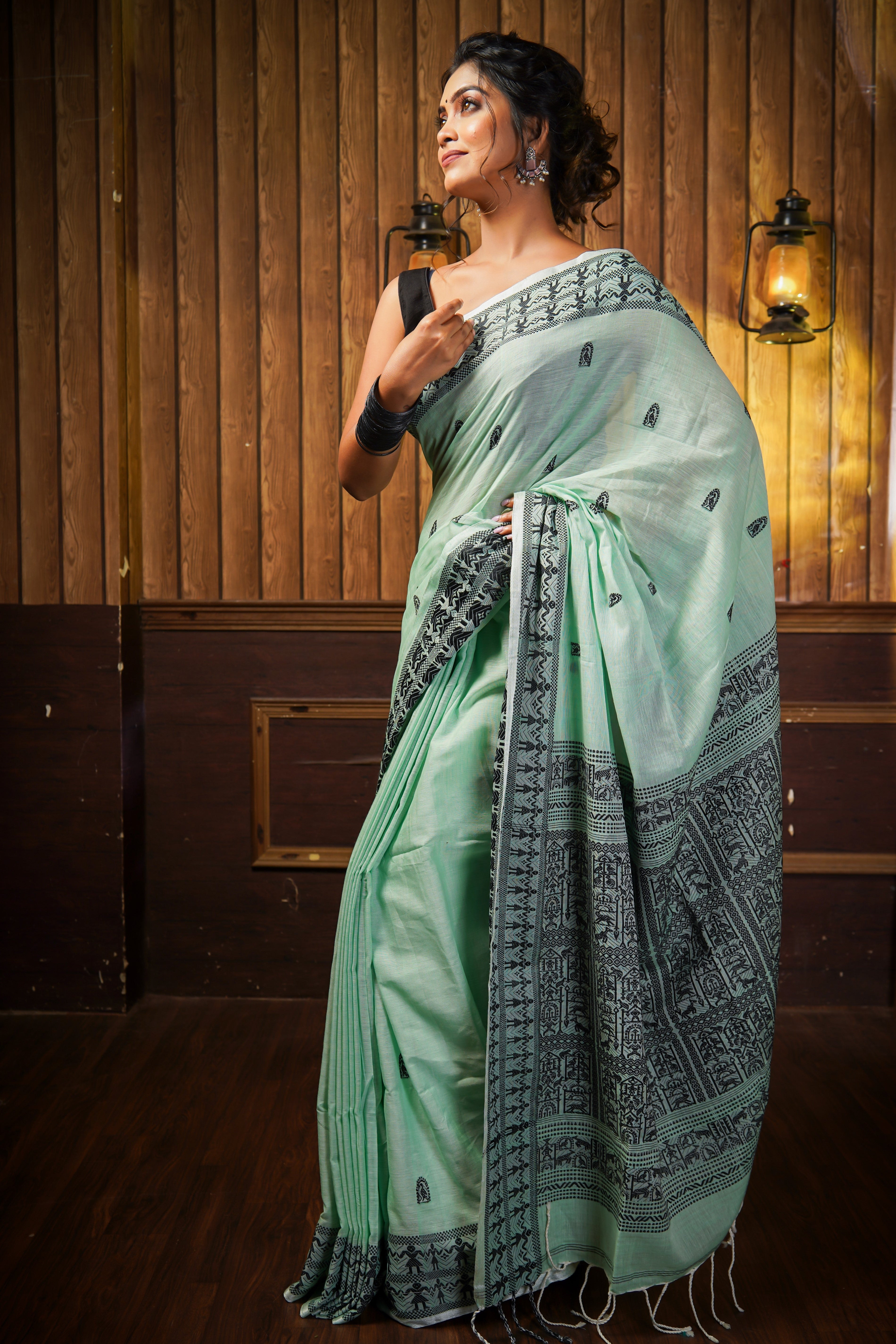 Pistachio & Black Pure Mashrise Cotton Hand Weaving Saree