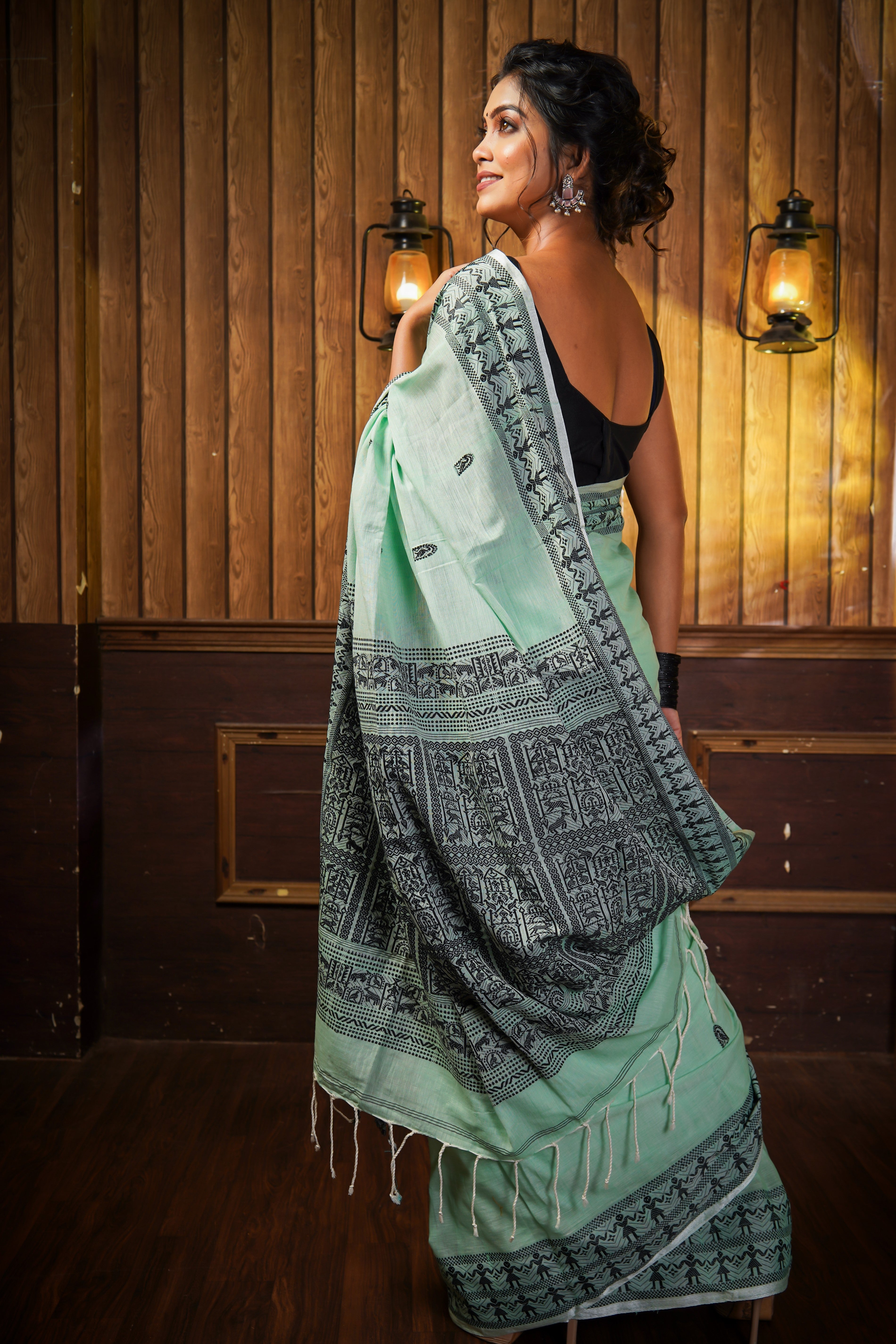 Pistachio & Black Pure Mashrise Cotton Hand Weaving Saree