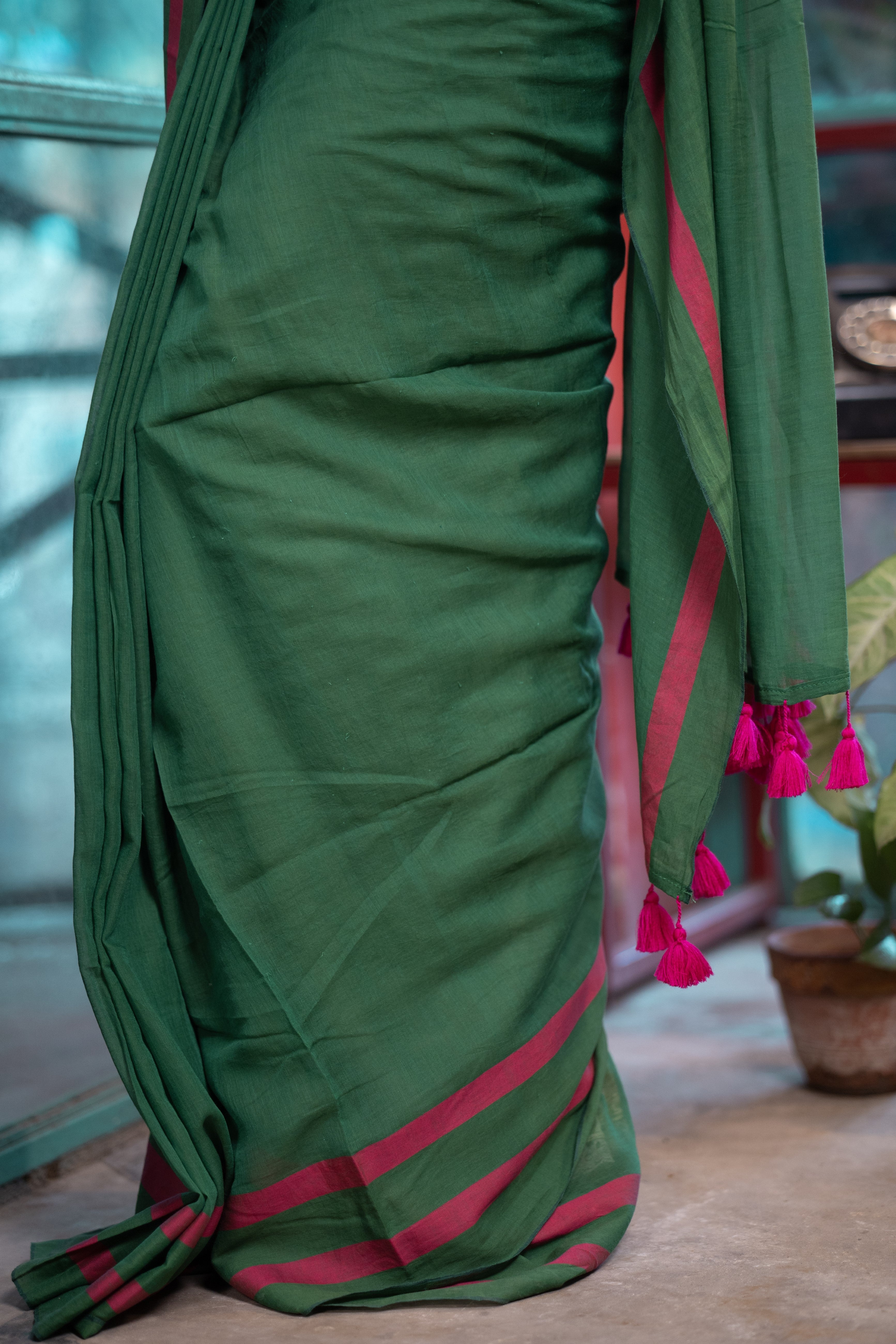 Green and Rani Pure Mulmul Cotton Saree