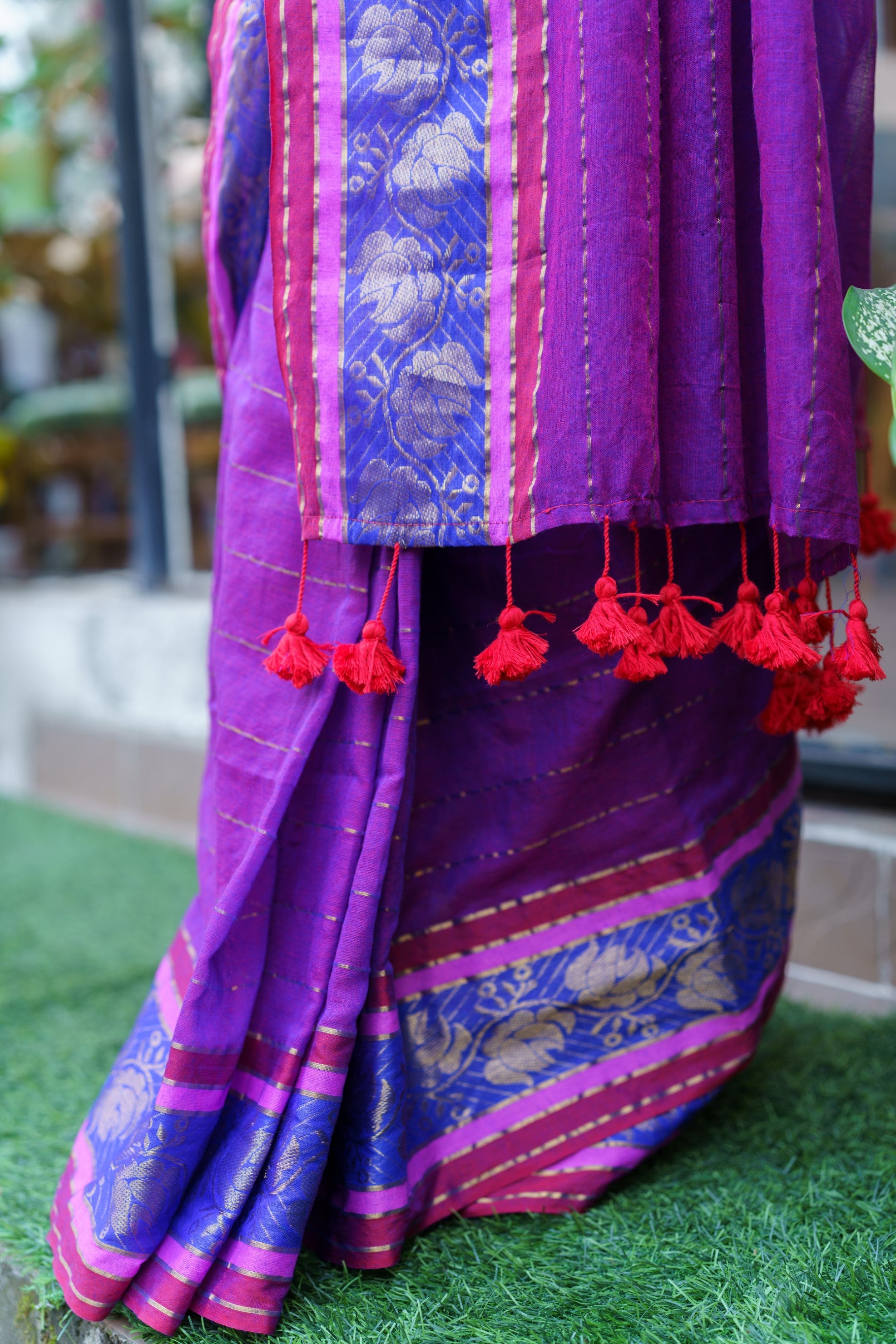 Purple Mulmul Cotton Saree with Golden Zari Stripes With Blouse Piece