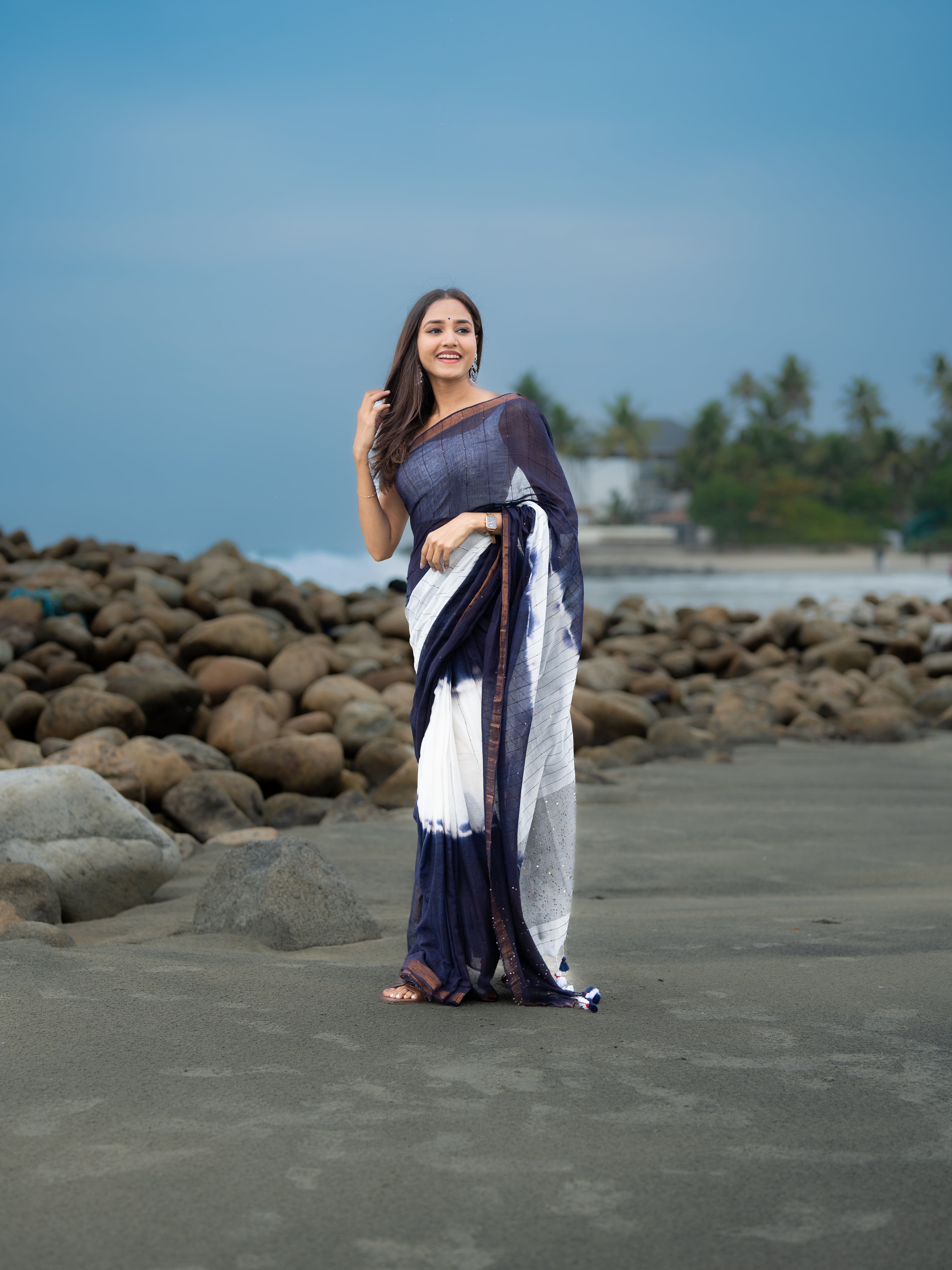 Blue & White Rang Bahari Sequence Work Pure Mul Cotton Saree