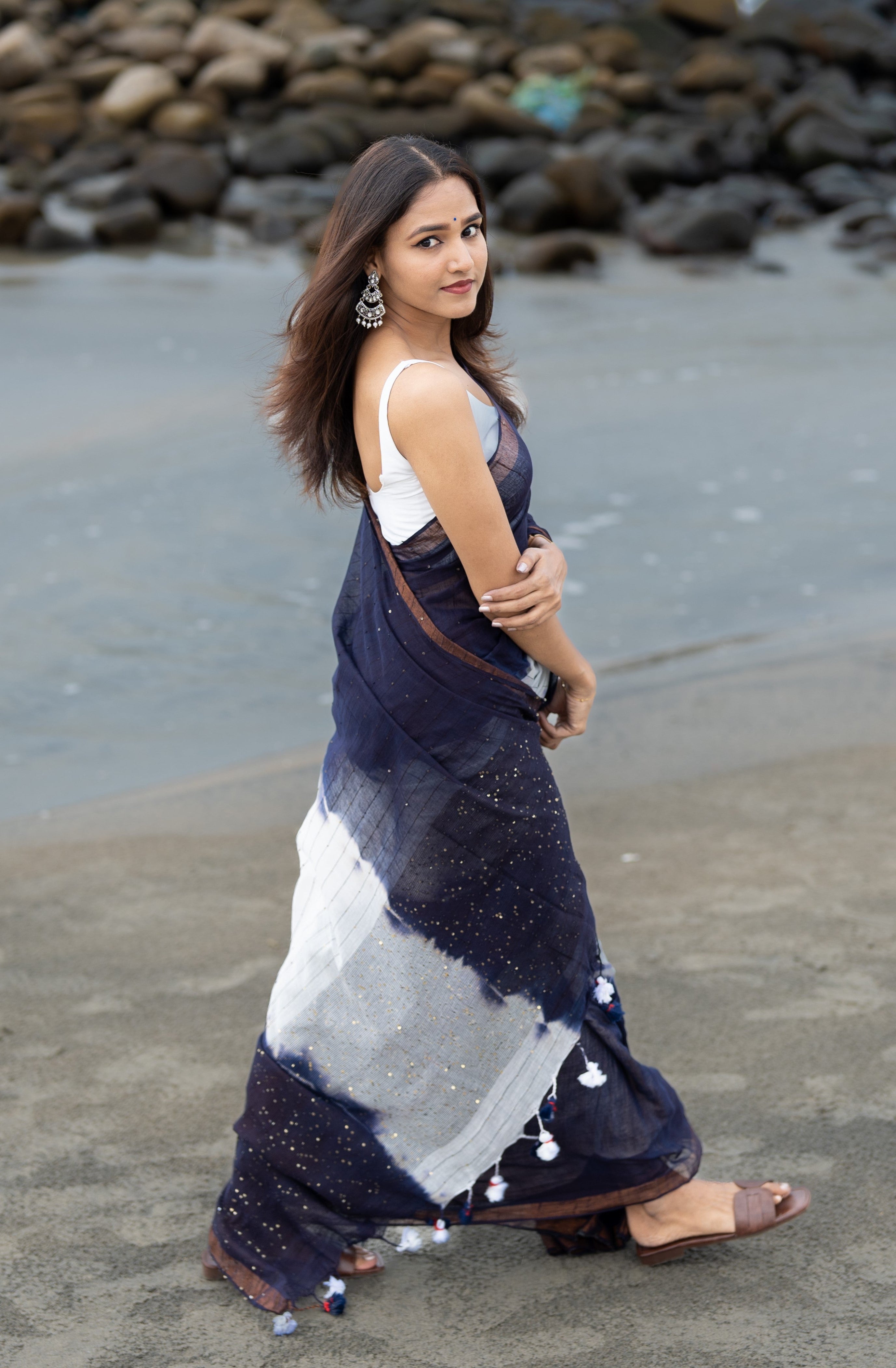 Blue & White Rang Bahari Sequence Work Pure Mul Cotton Saree