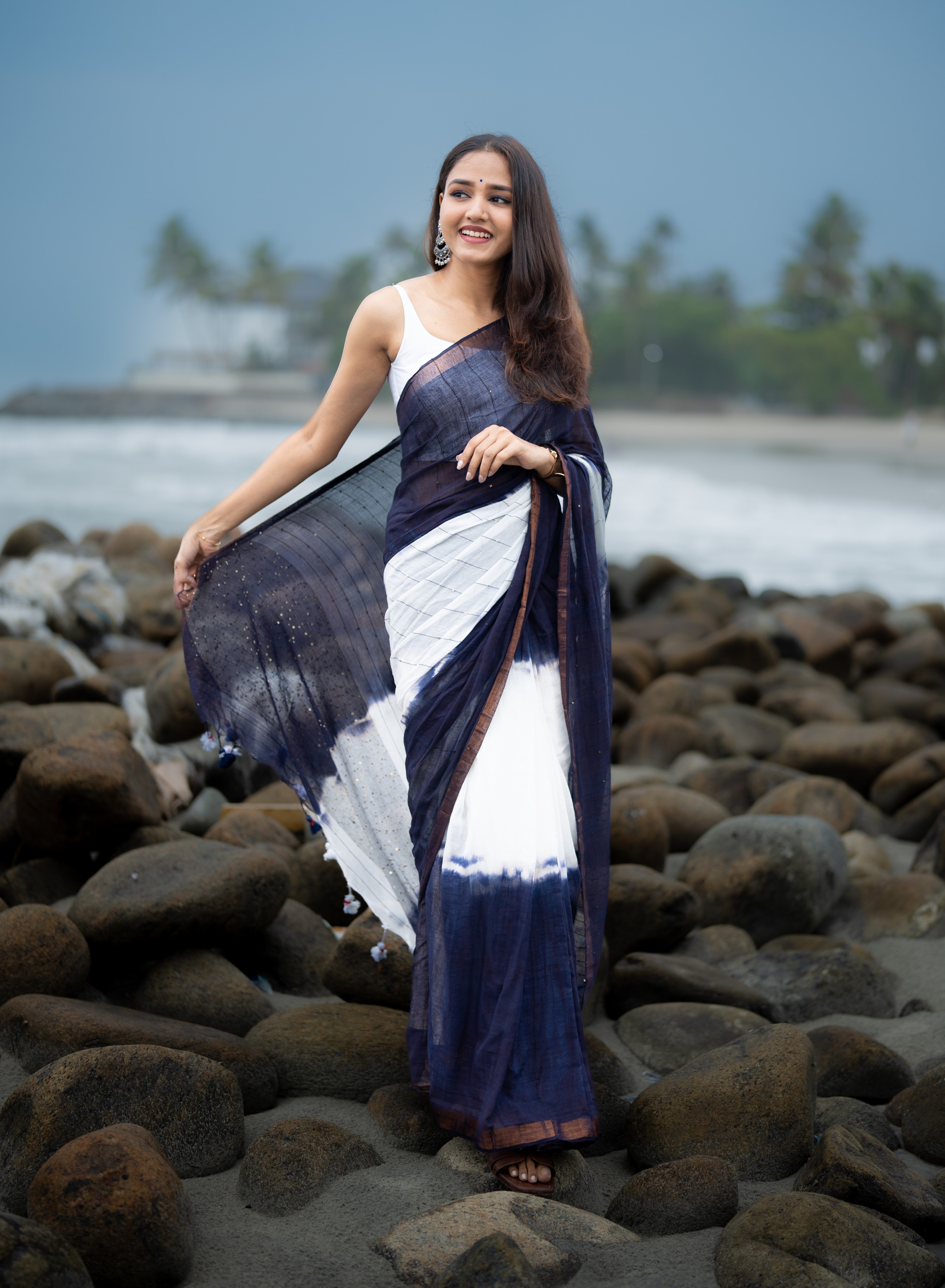 Blue & White Rang Bahari Sequence Work Pure Mul Cotton Saree