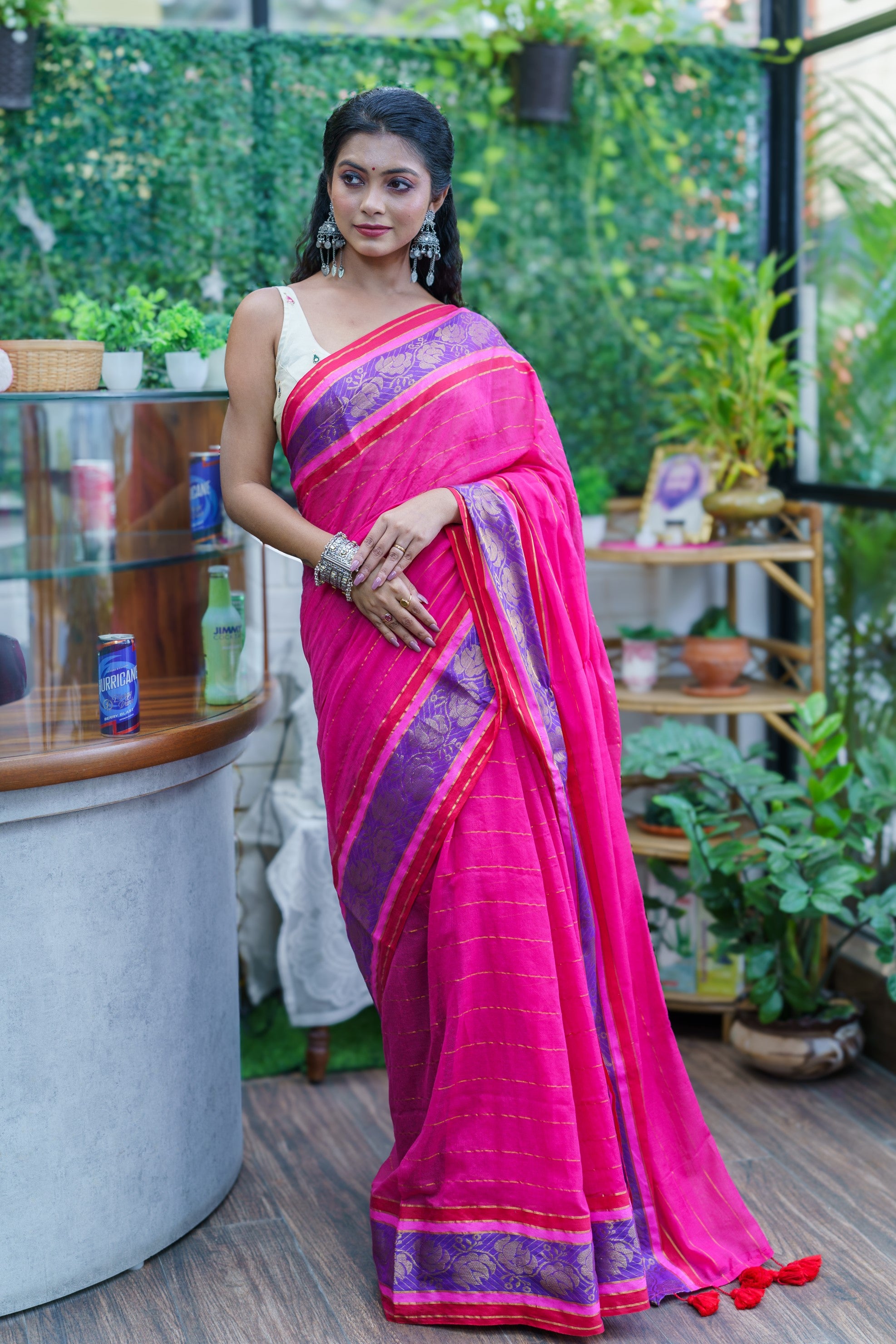 Rani Mulmul Cotton Saree with Golden Zari Stripes With Blouse Piece