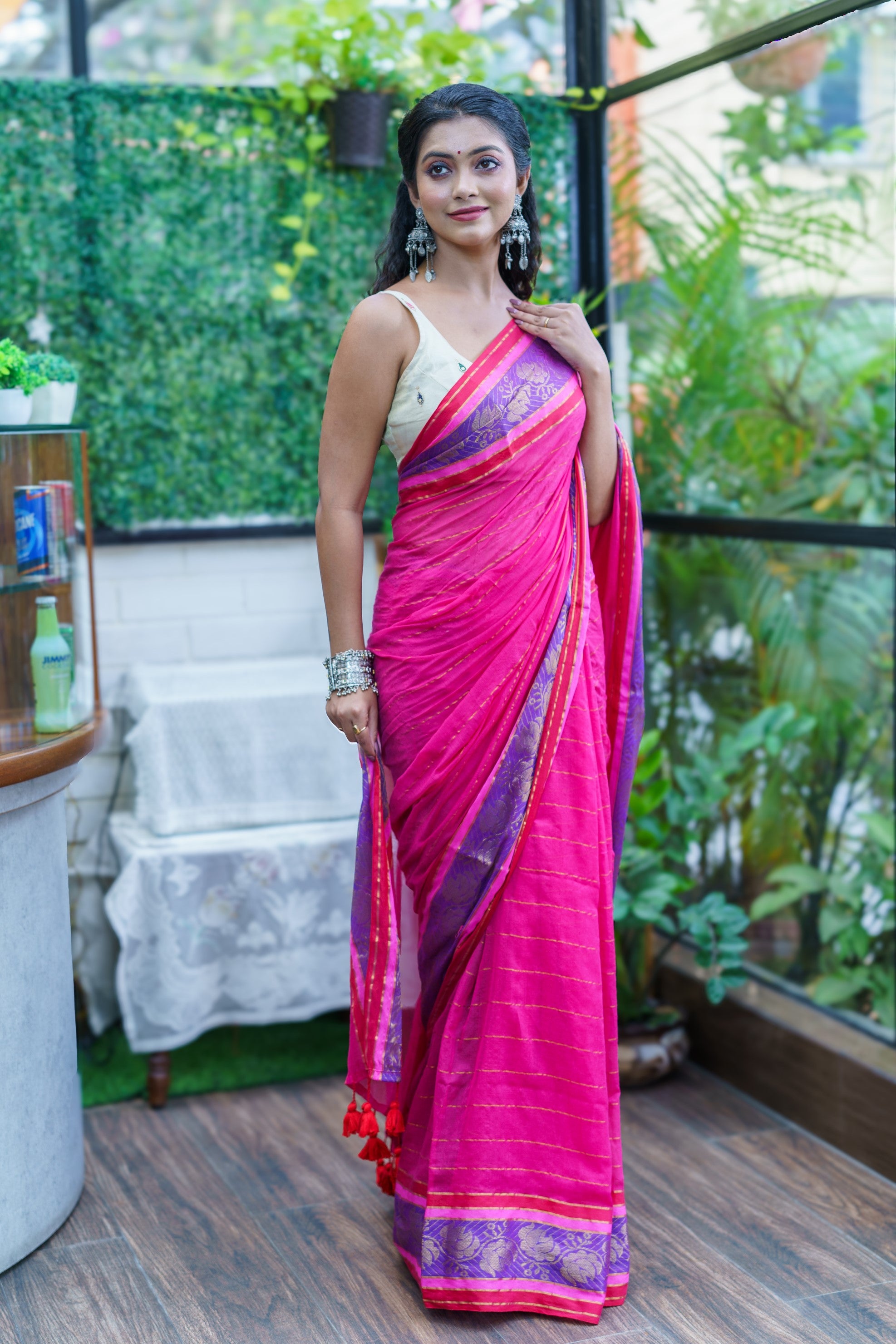 Rani Mulmul Cotton Saree with Golden Zari Stripes With Blouse Piece