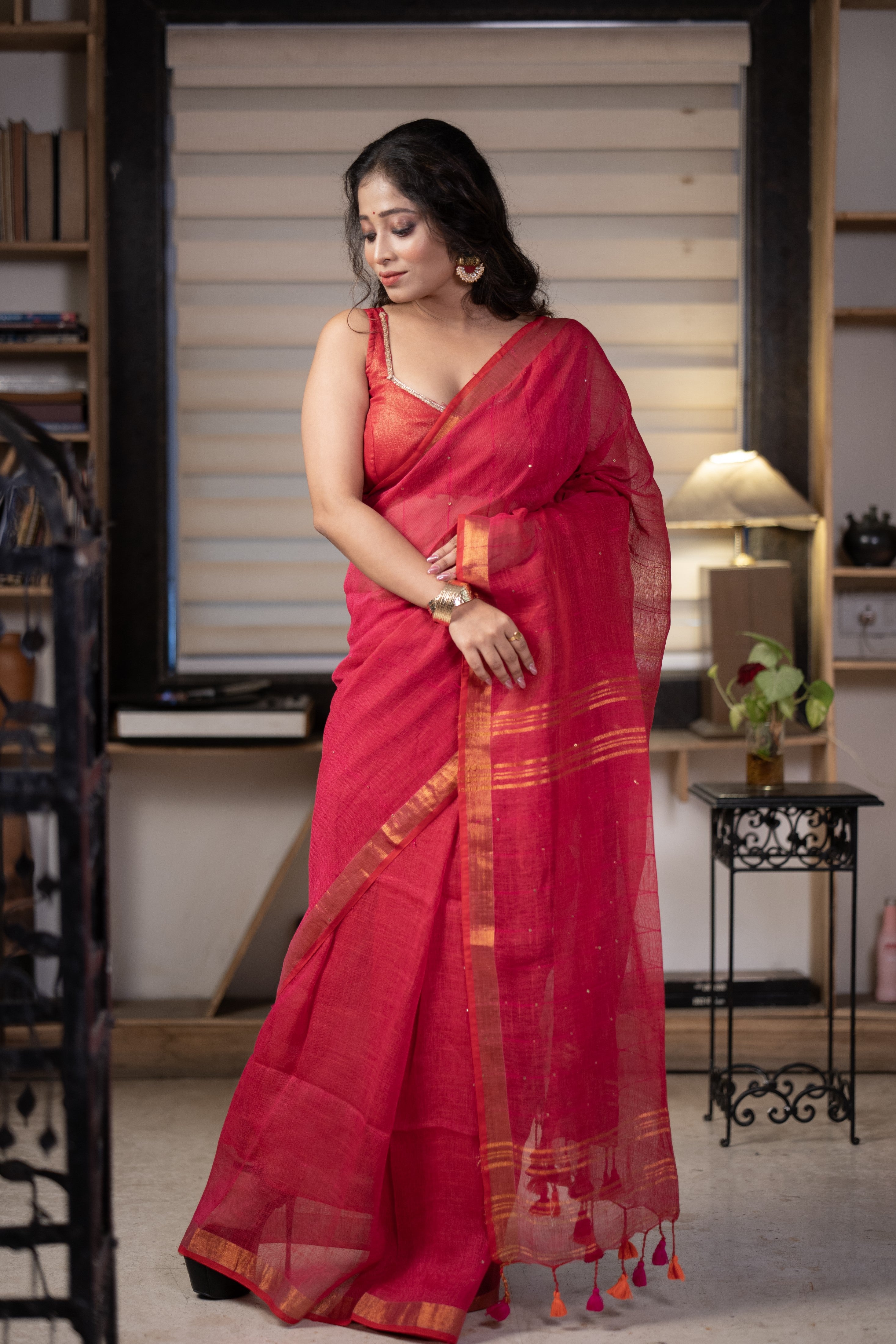 Rani Sequence Work Linen Saree with golden zari border