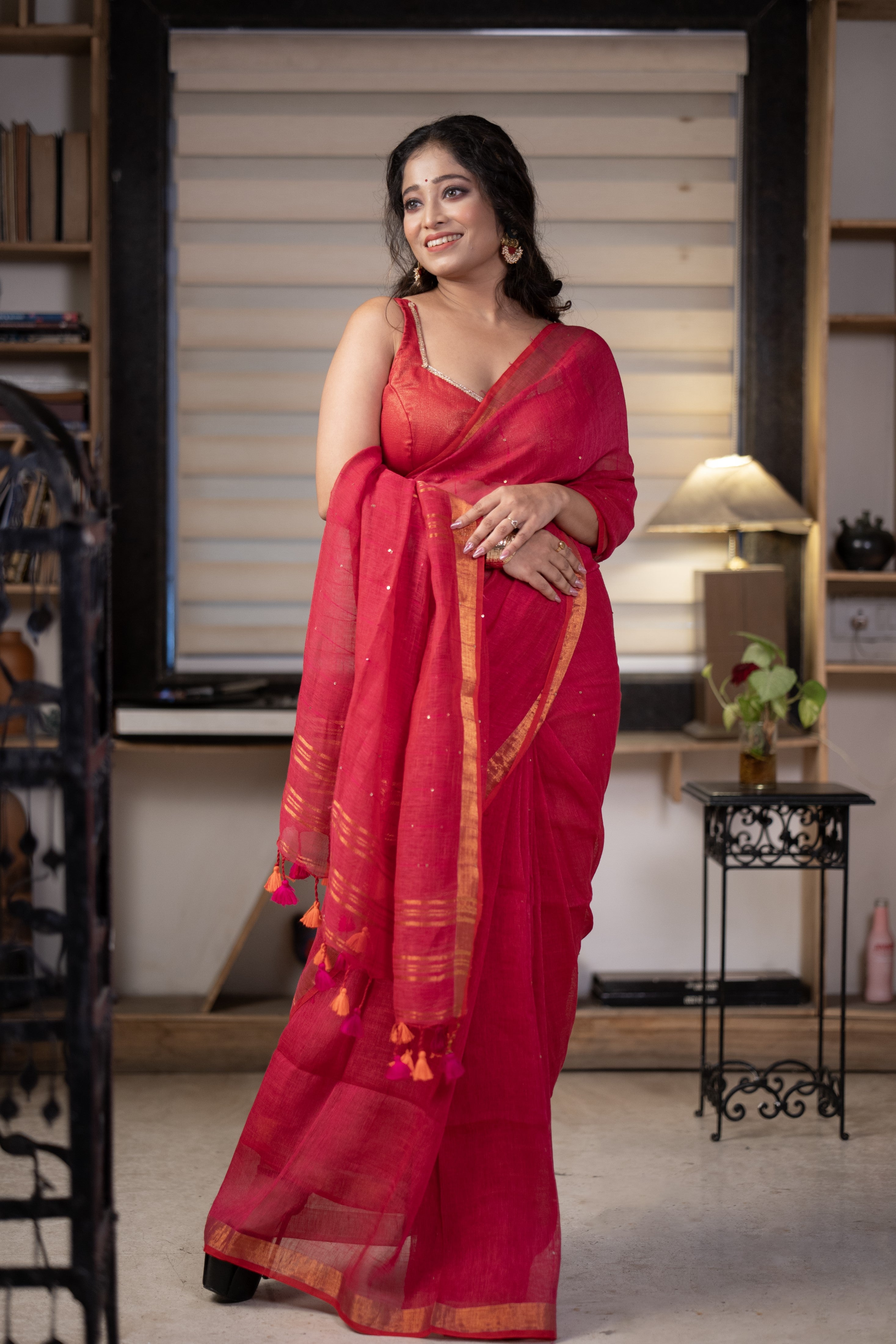 Rani Sequence Work Linen Saree with golden zari border