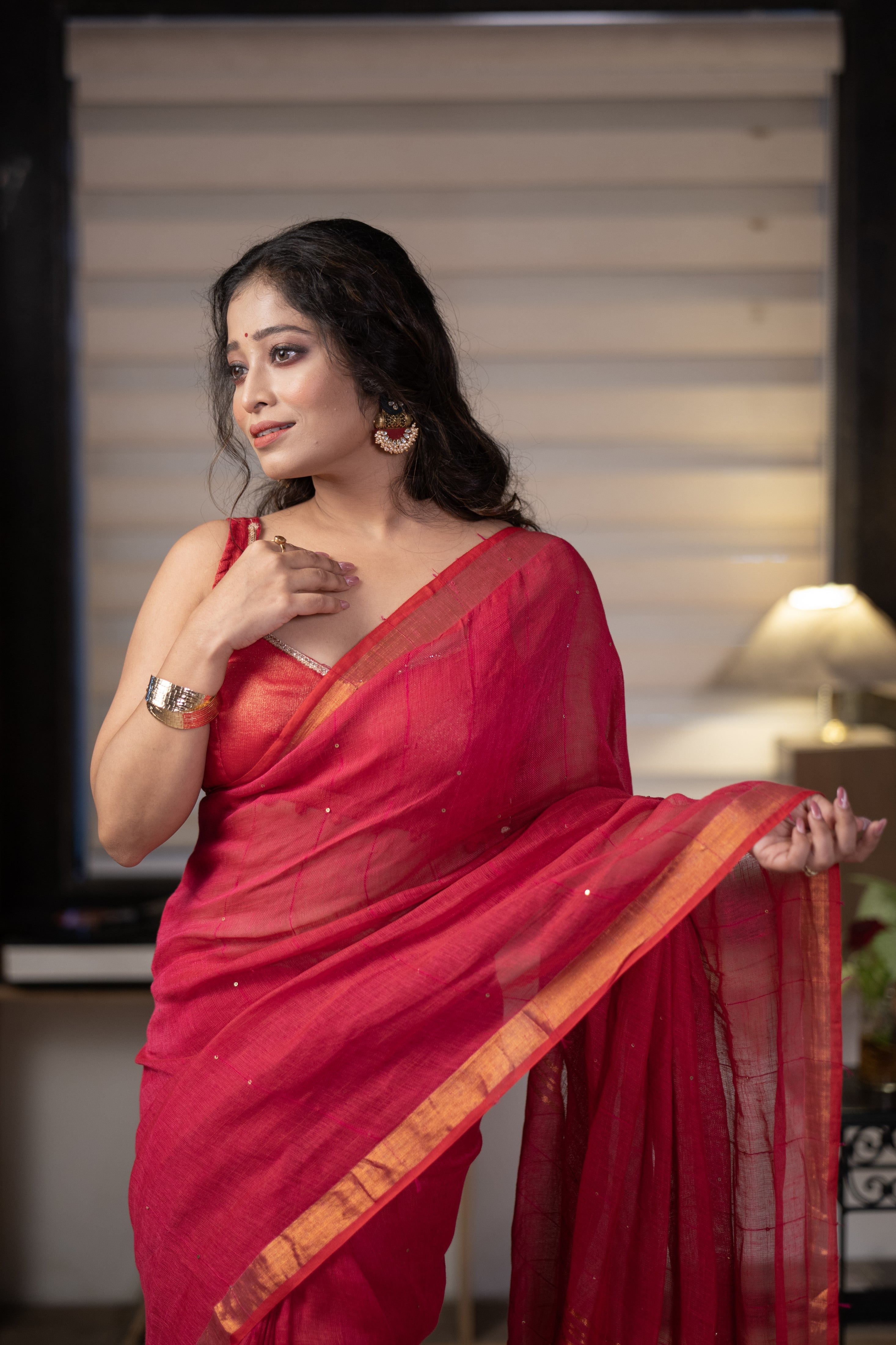 Rani Sequence Work Linen Saree with golden zari border