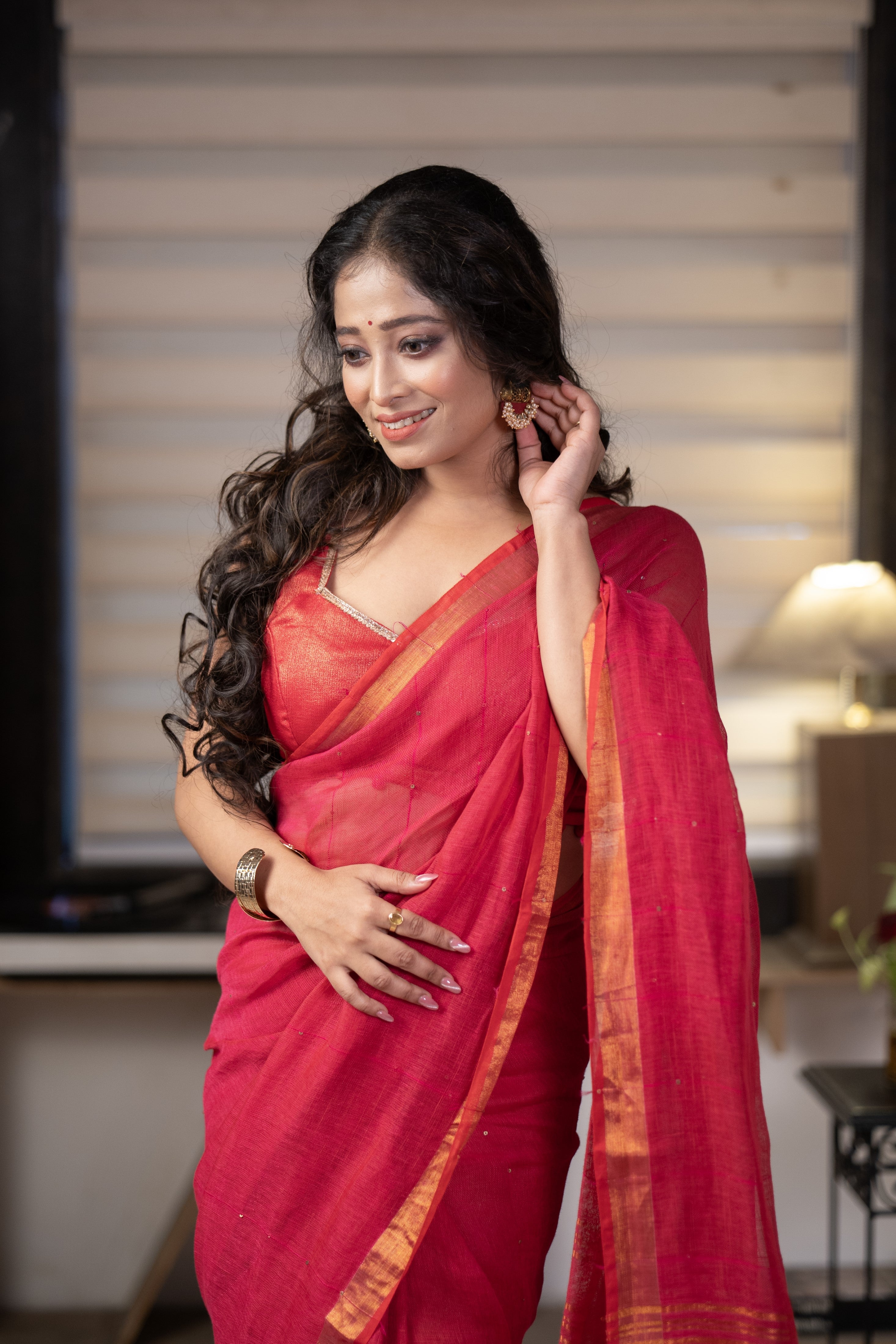 Rani Sequence Work Linen Saree with golden zari border