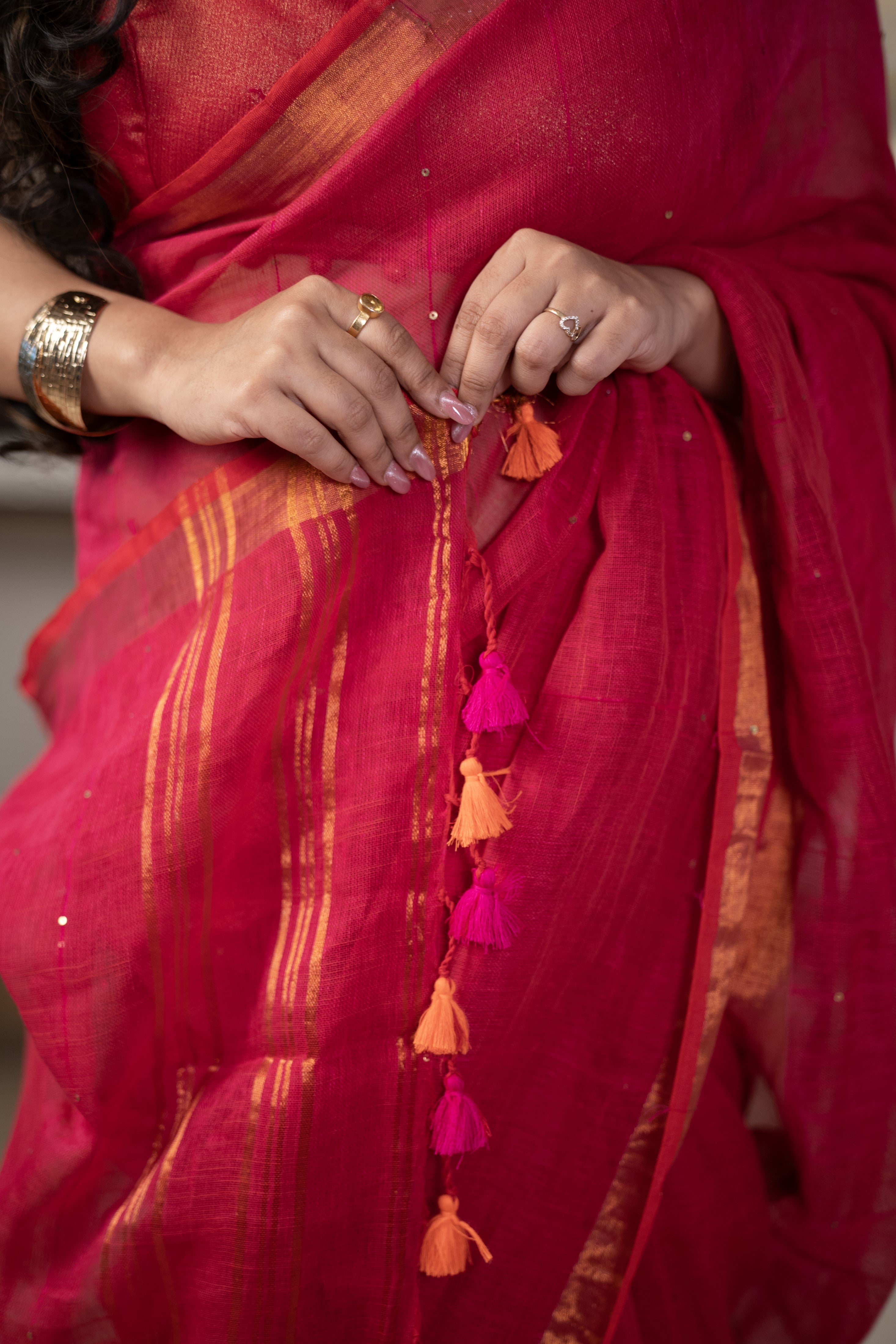 Rani Sequence Work Linen Saree with golden zari border