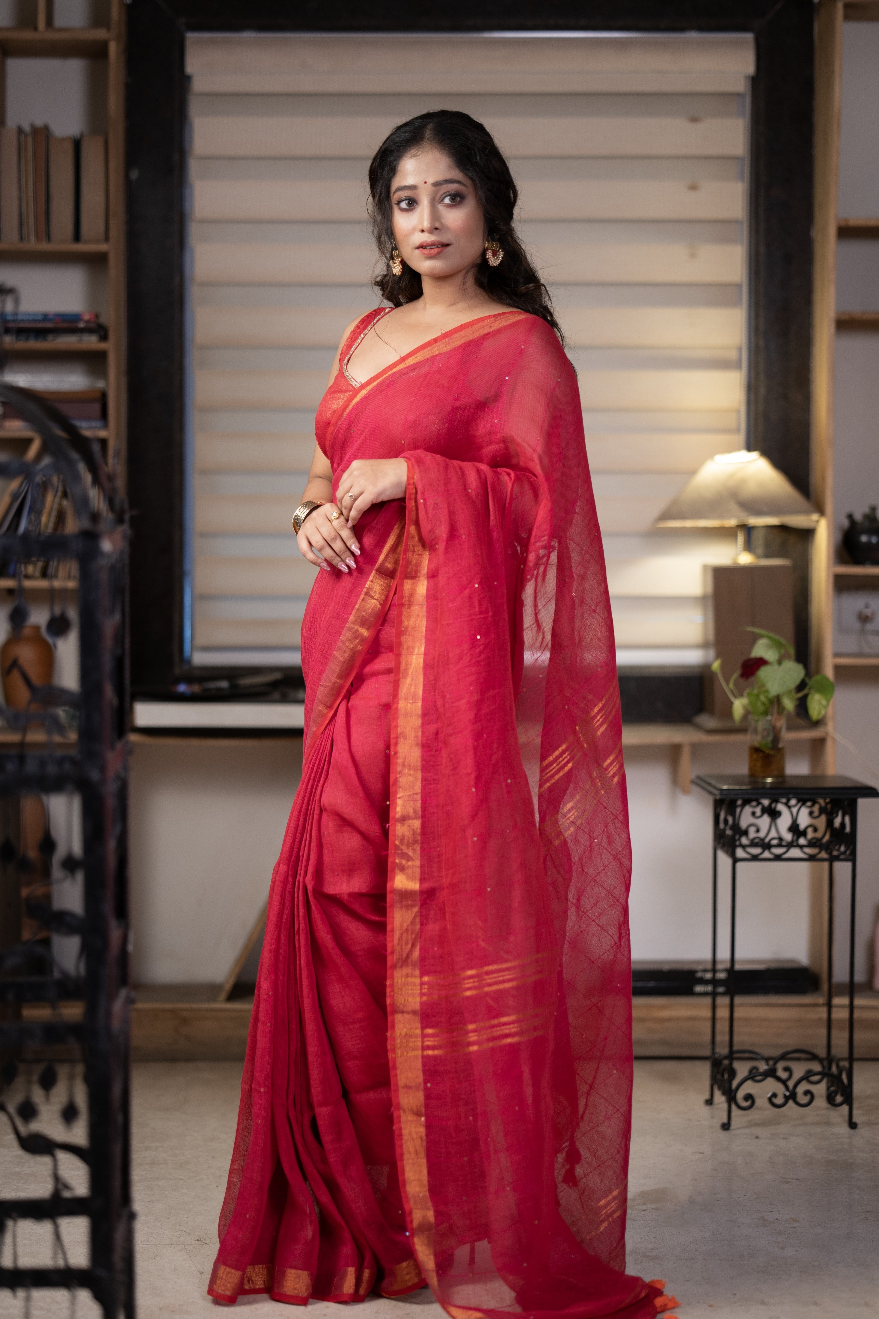 Rani Sequence Work Linen Saree with golden zari border