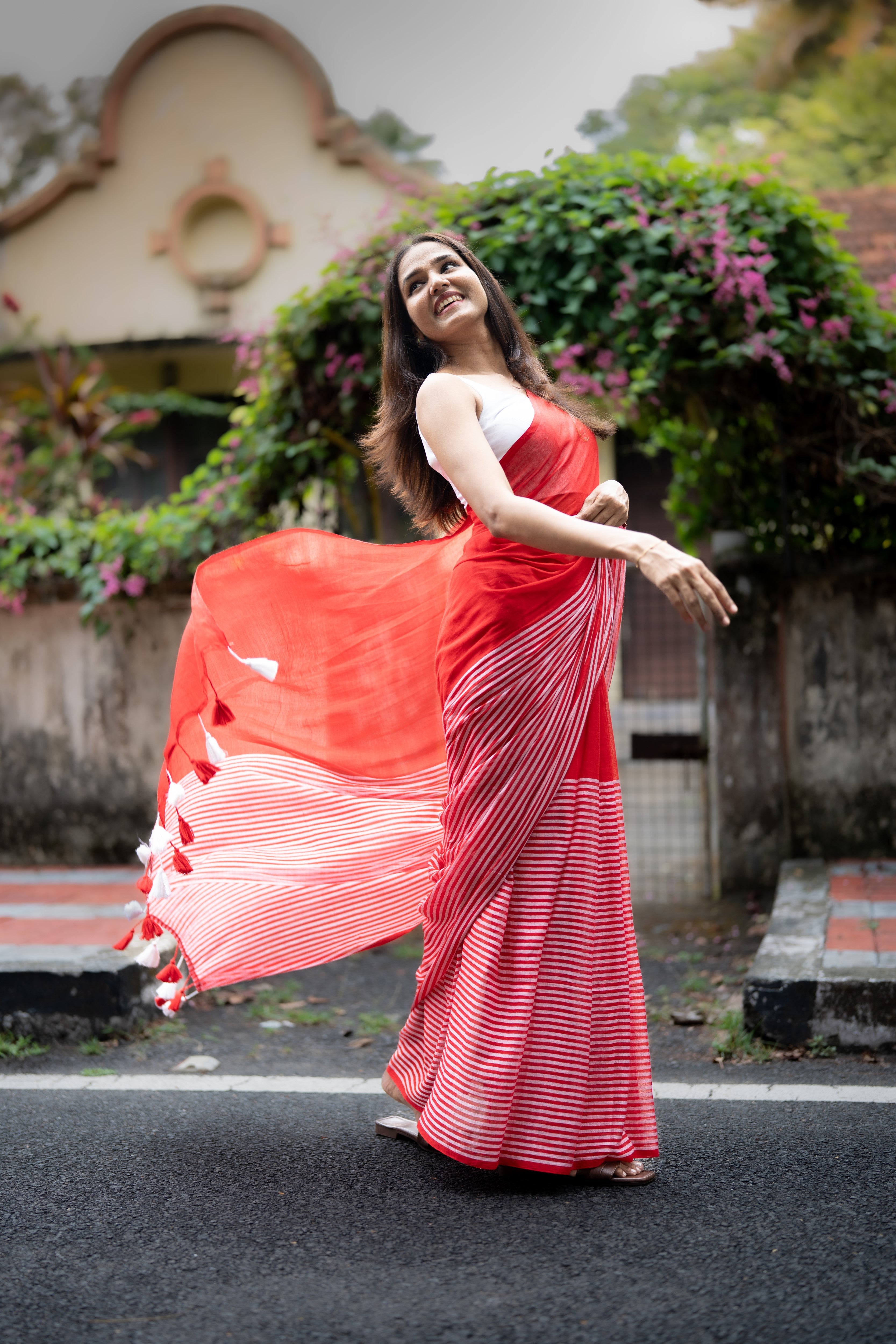 Red Half-Half Check Mul Cotton Saree