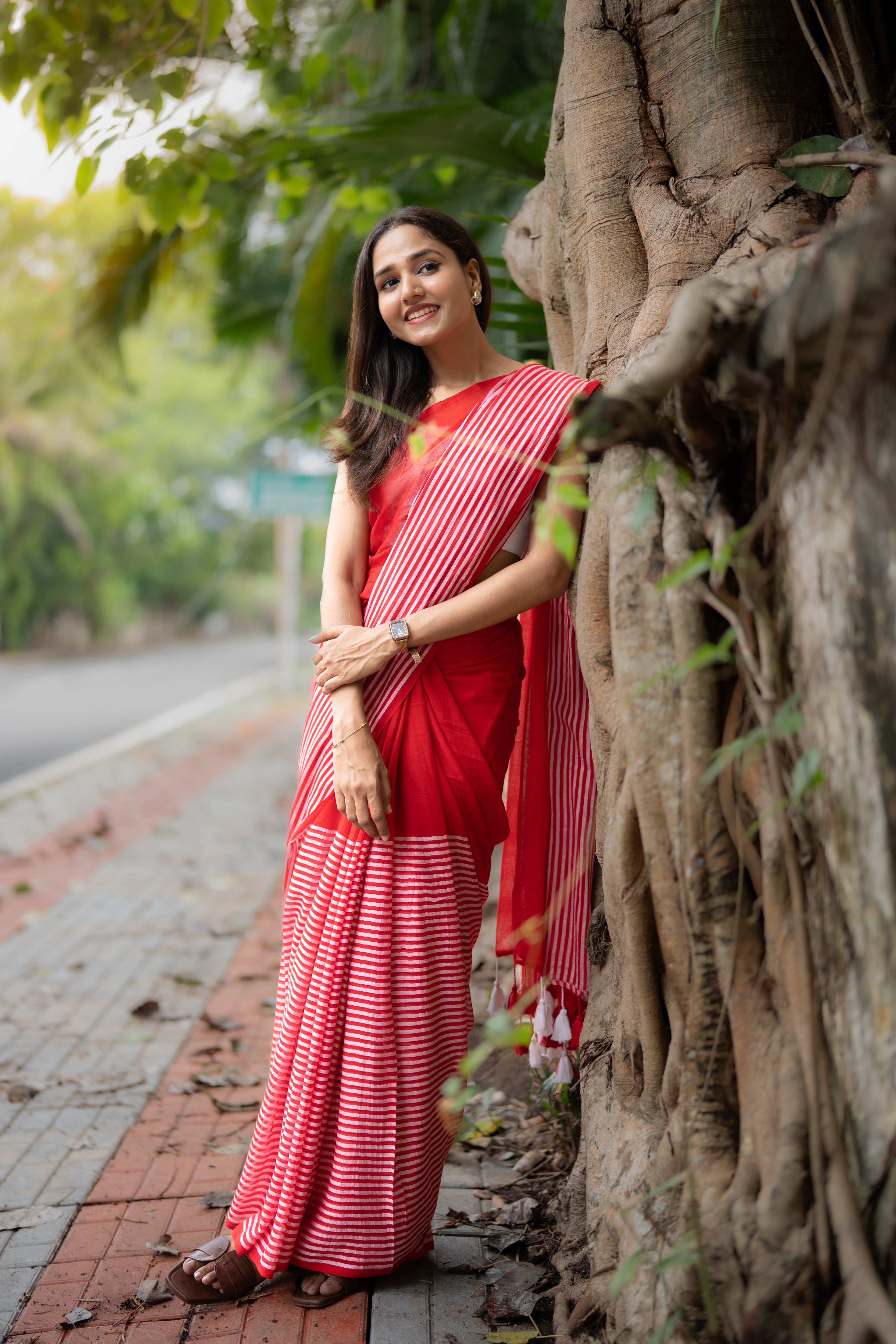 Red Half-Half Check Mul Cotton Saree