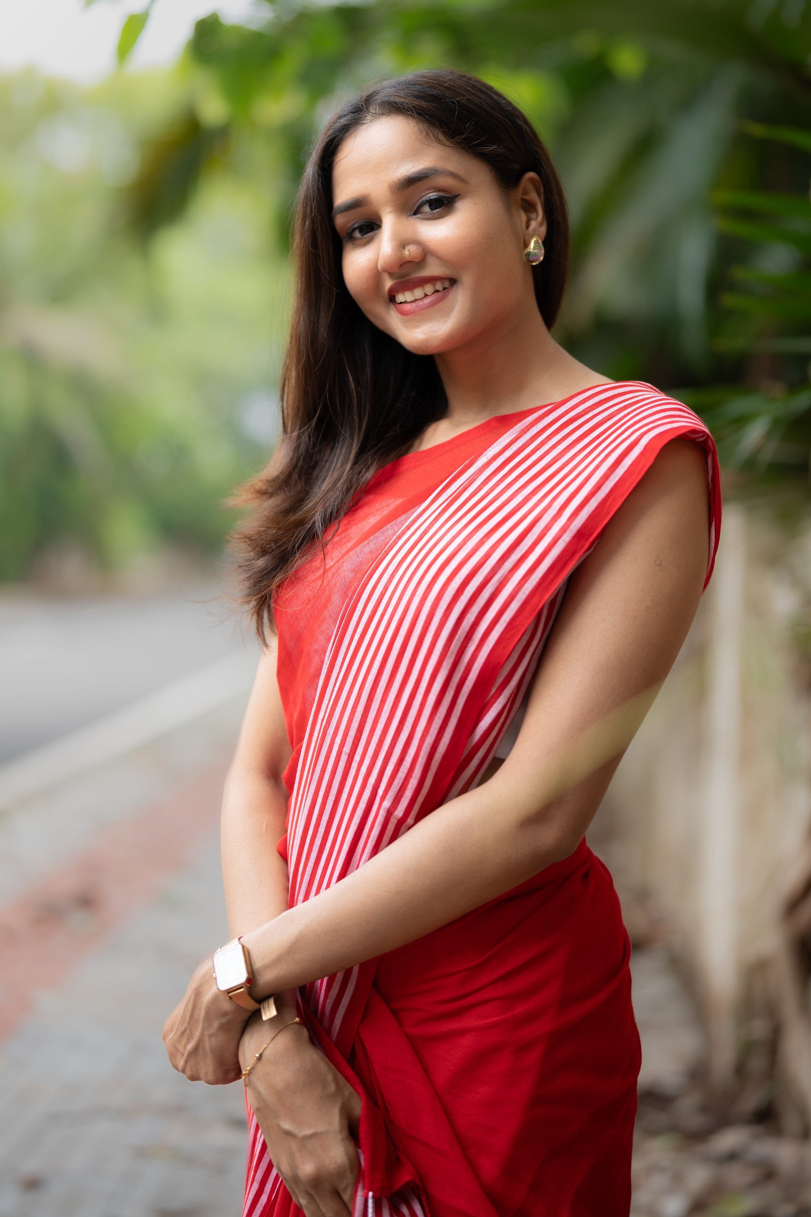 Red Half-Half Check Mul Cotton Saree