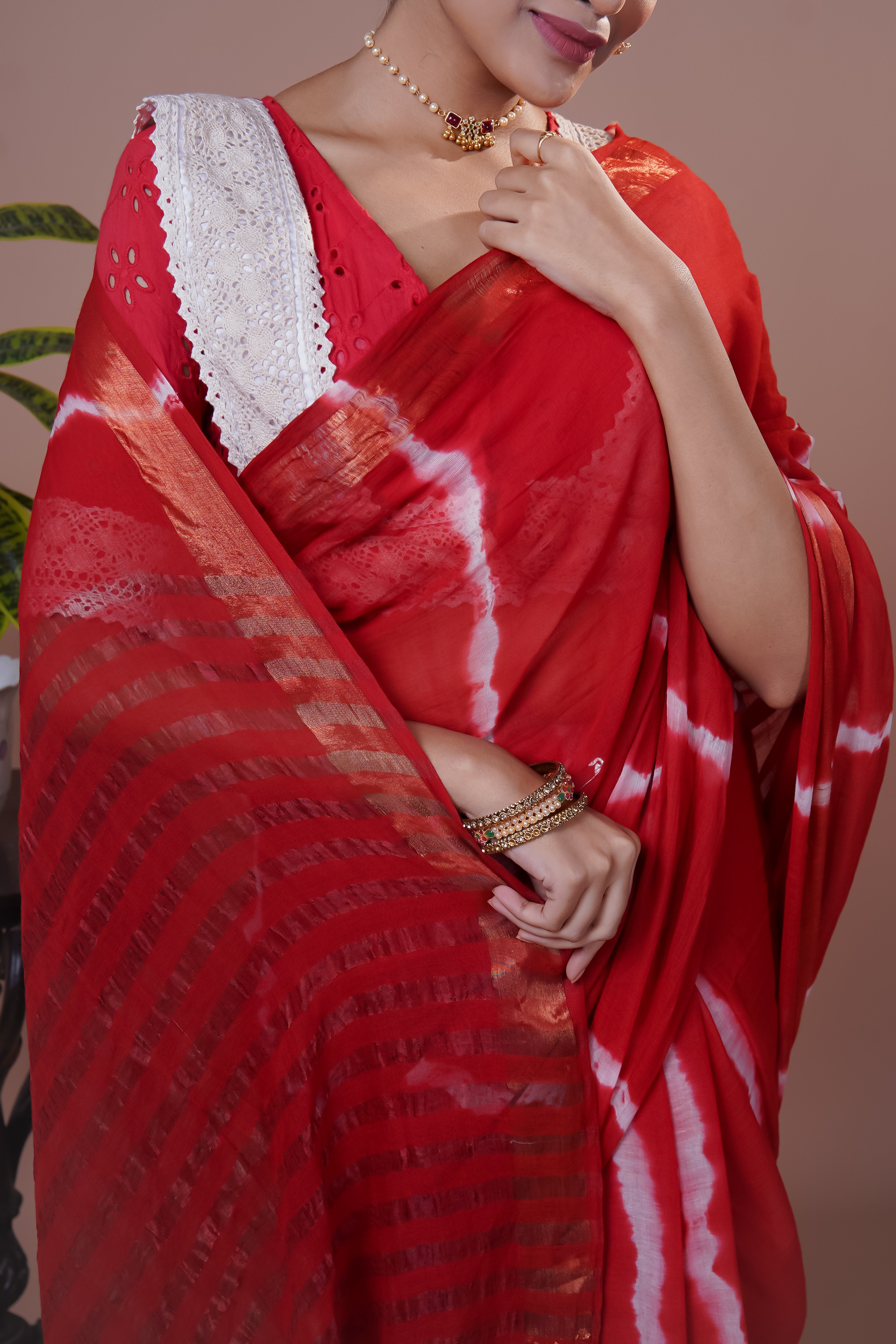 Red Shibori Print Mul Mul Cotton Saree