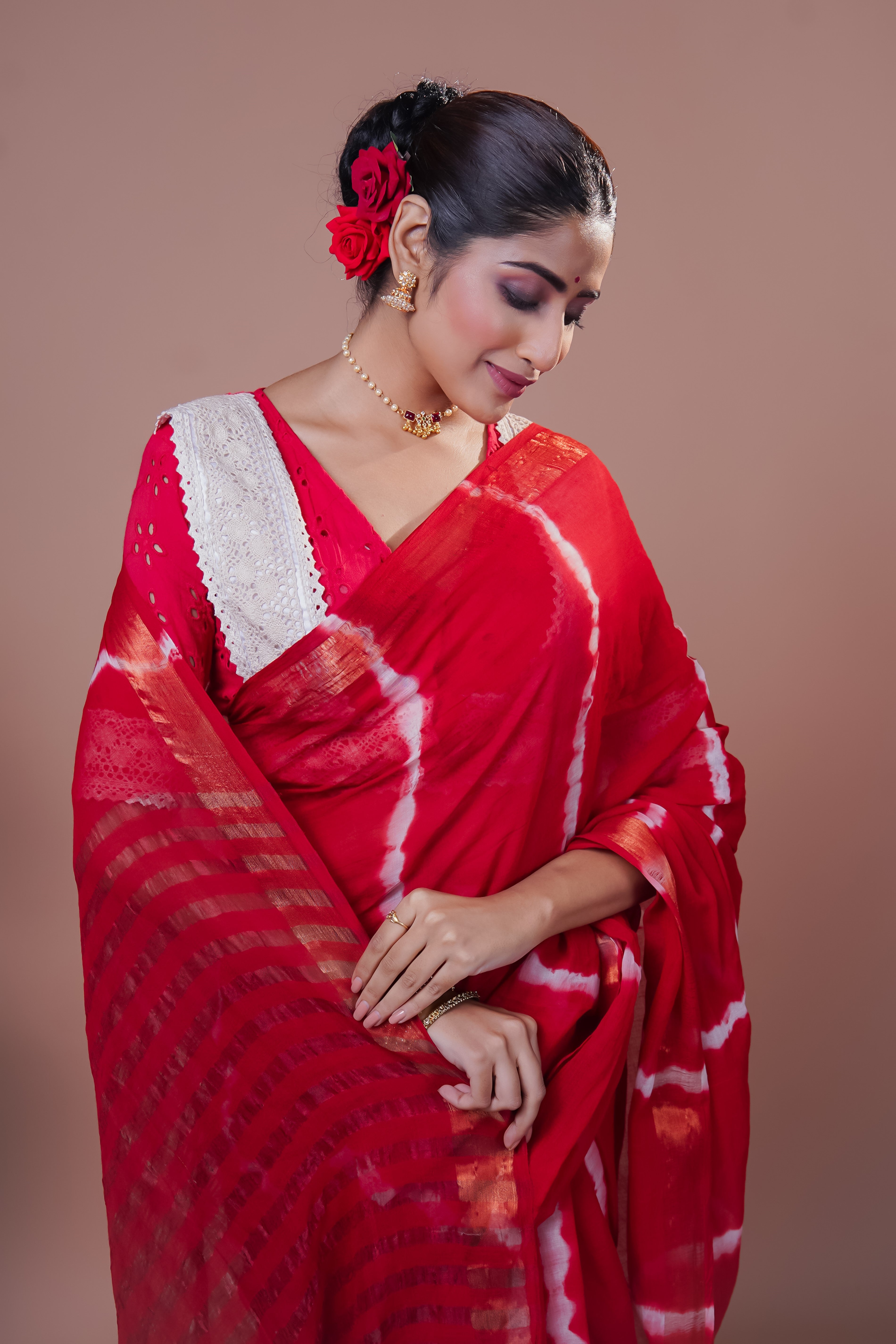 Red Shibori Print Mul Mul Cotton Saree