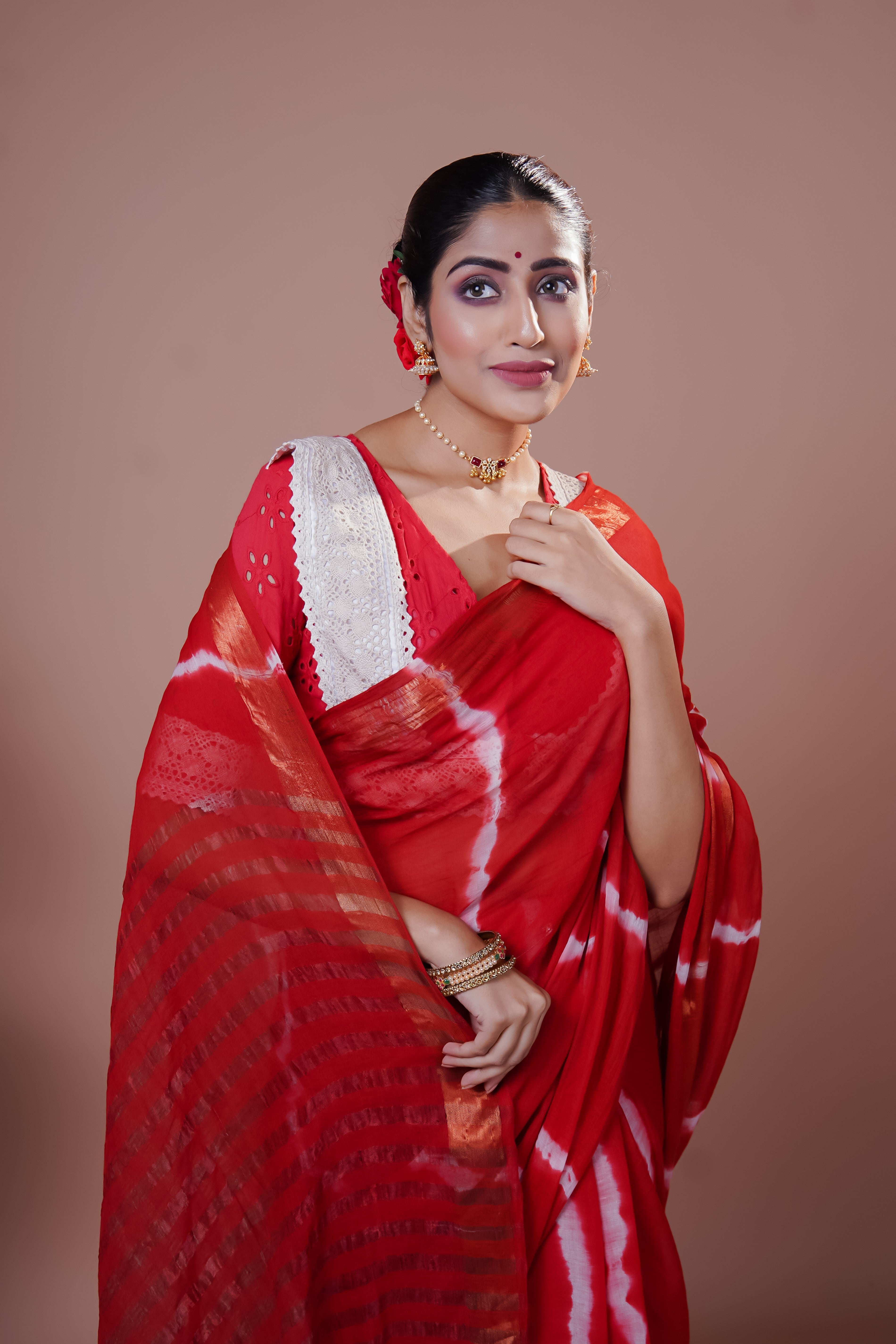 Red Shibori Print Mul Mul Cotton Saree