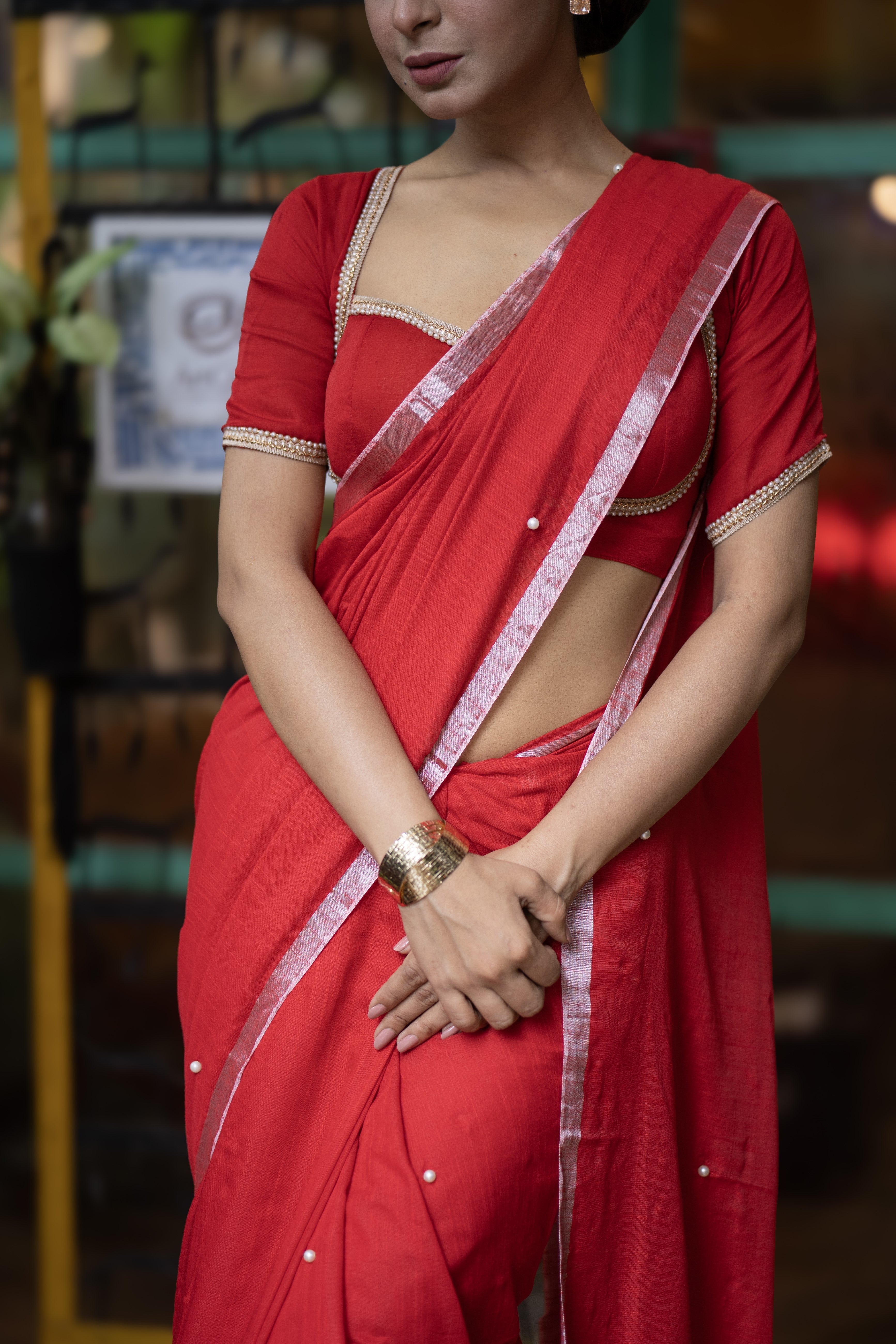 Red Soft Cotton Saree with Moti Work