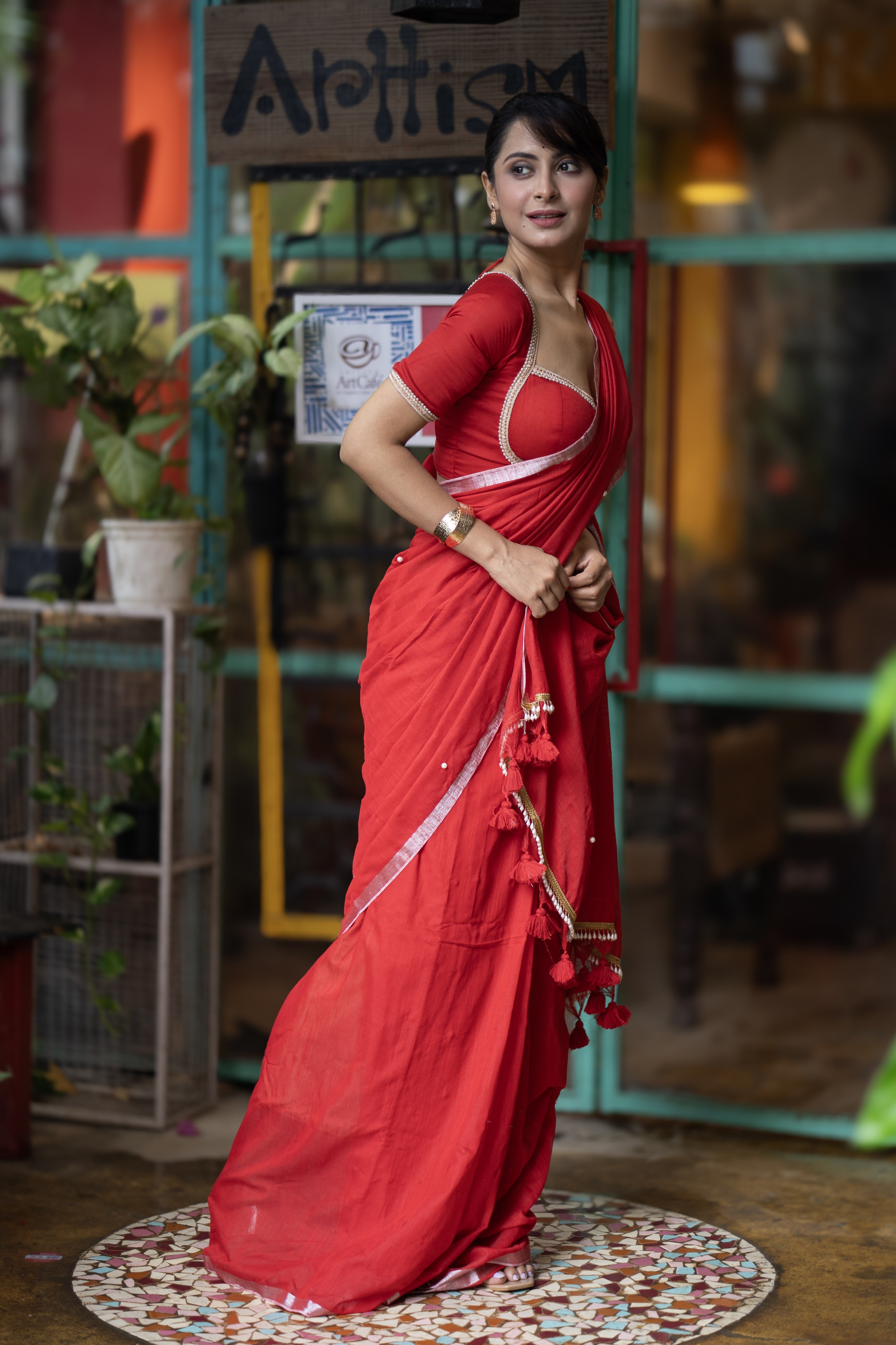 Red Soft Cotton Saree with Moti Work