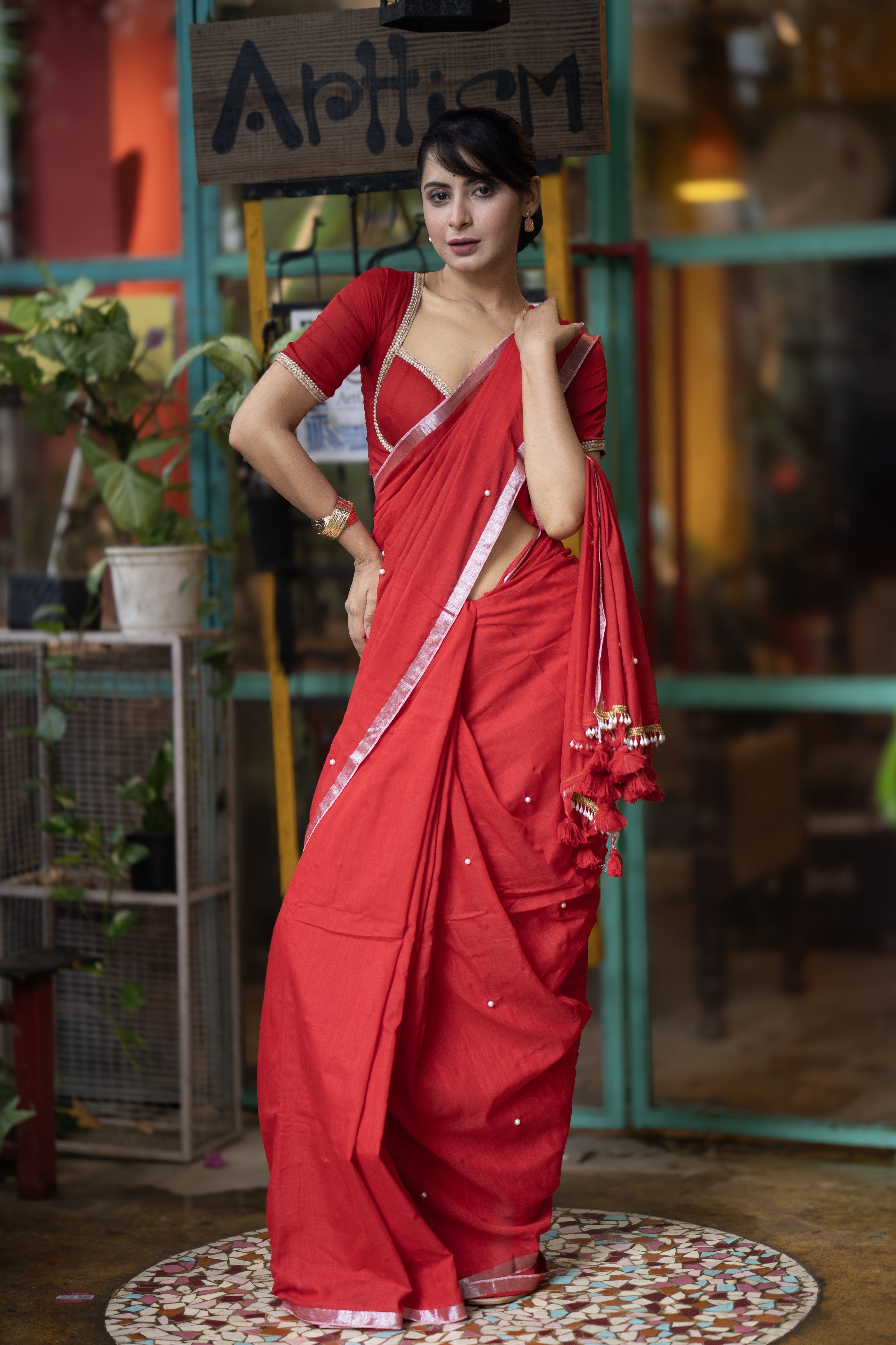 Red Soft Cotton Saree with Moti Work