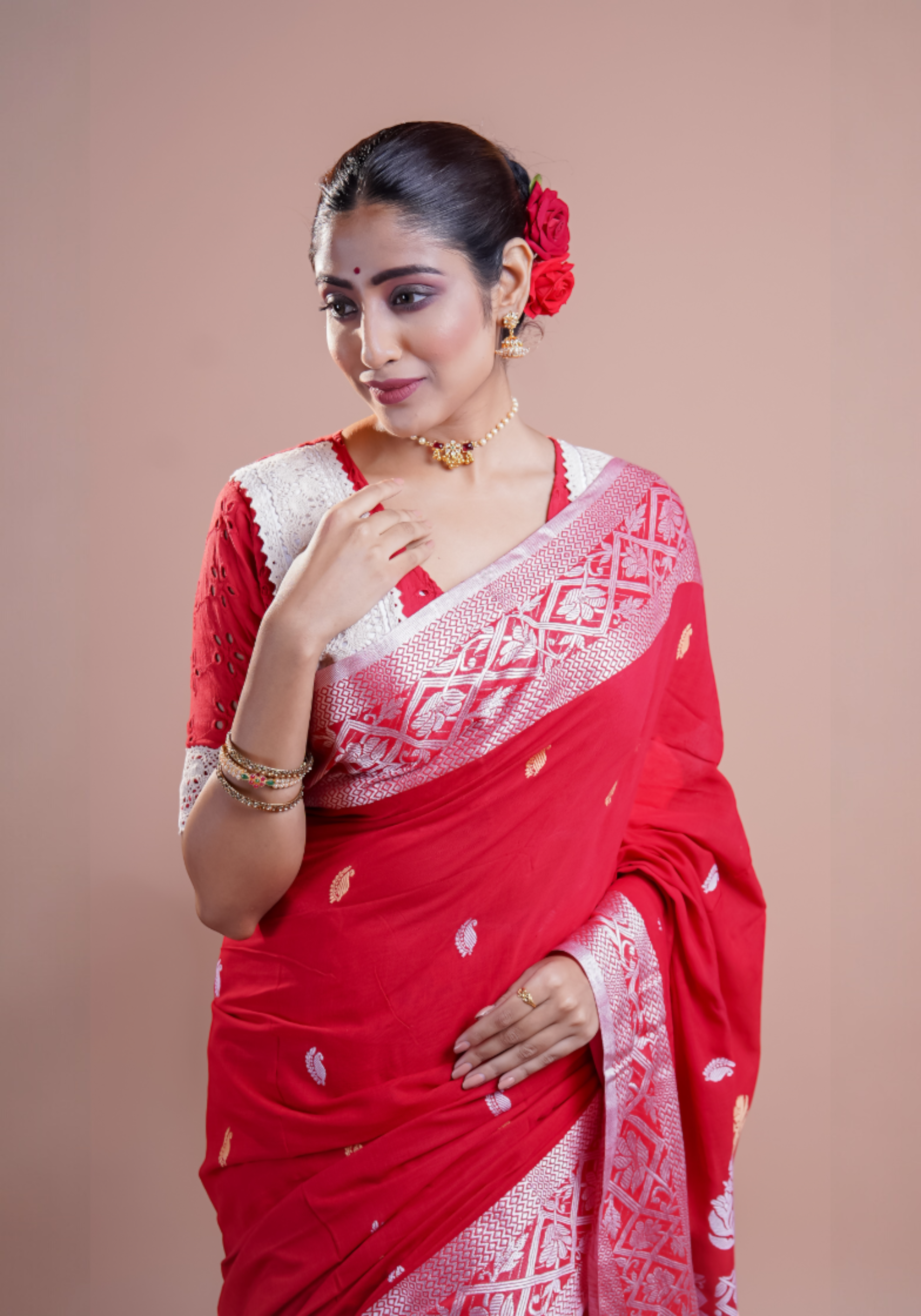Red & white pure Mashrise Cotton handwoven saree