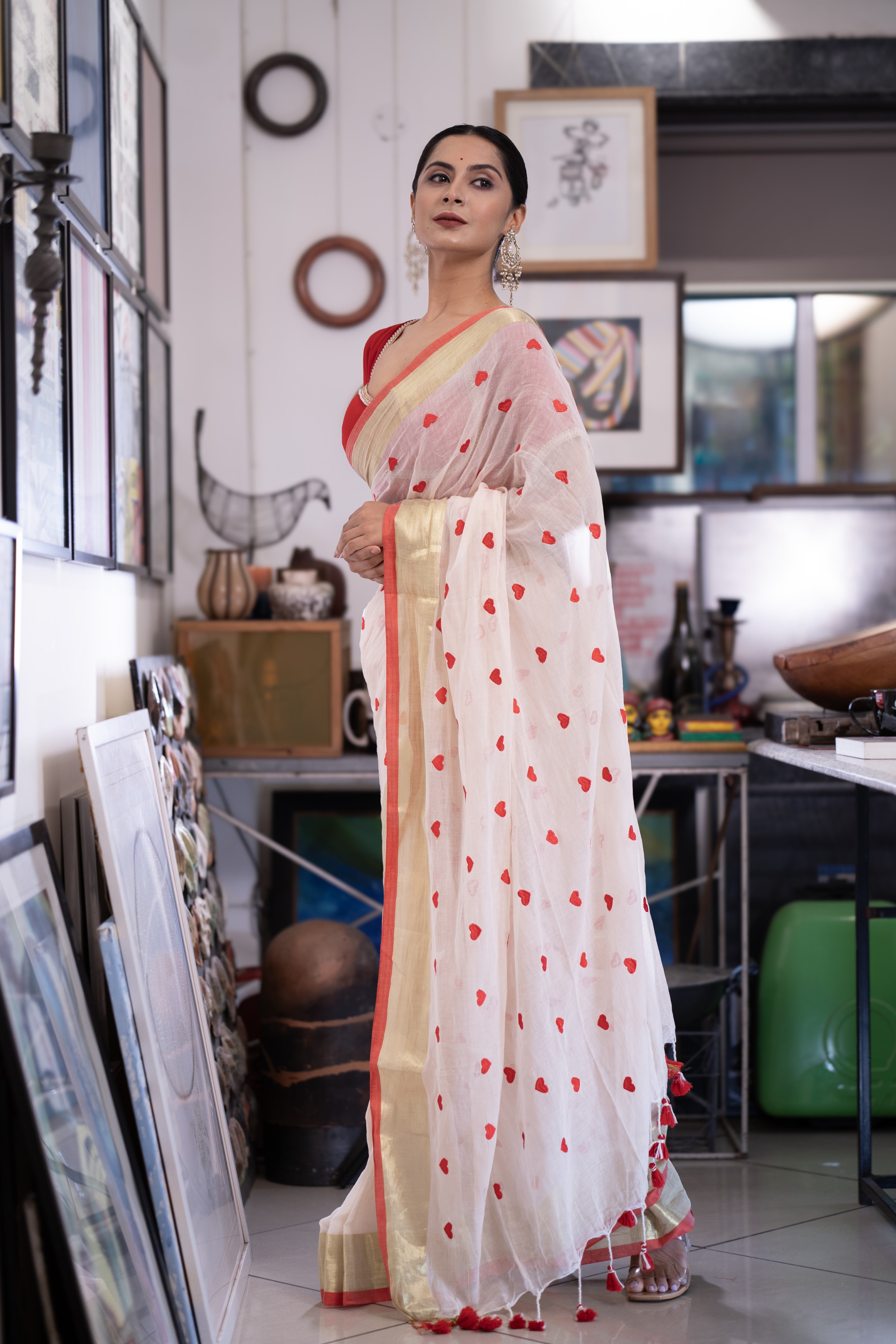 Cream Love embroidery Pure Mulmul Cotton Saree