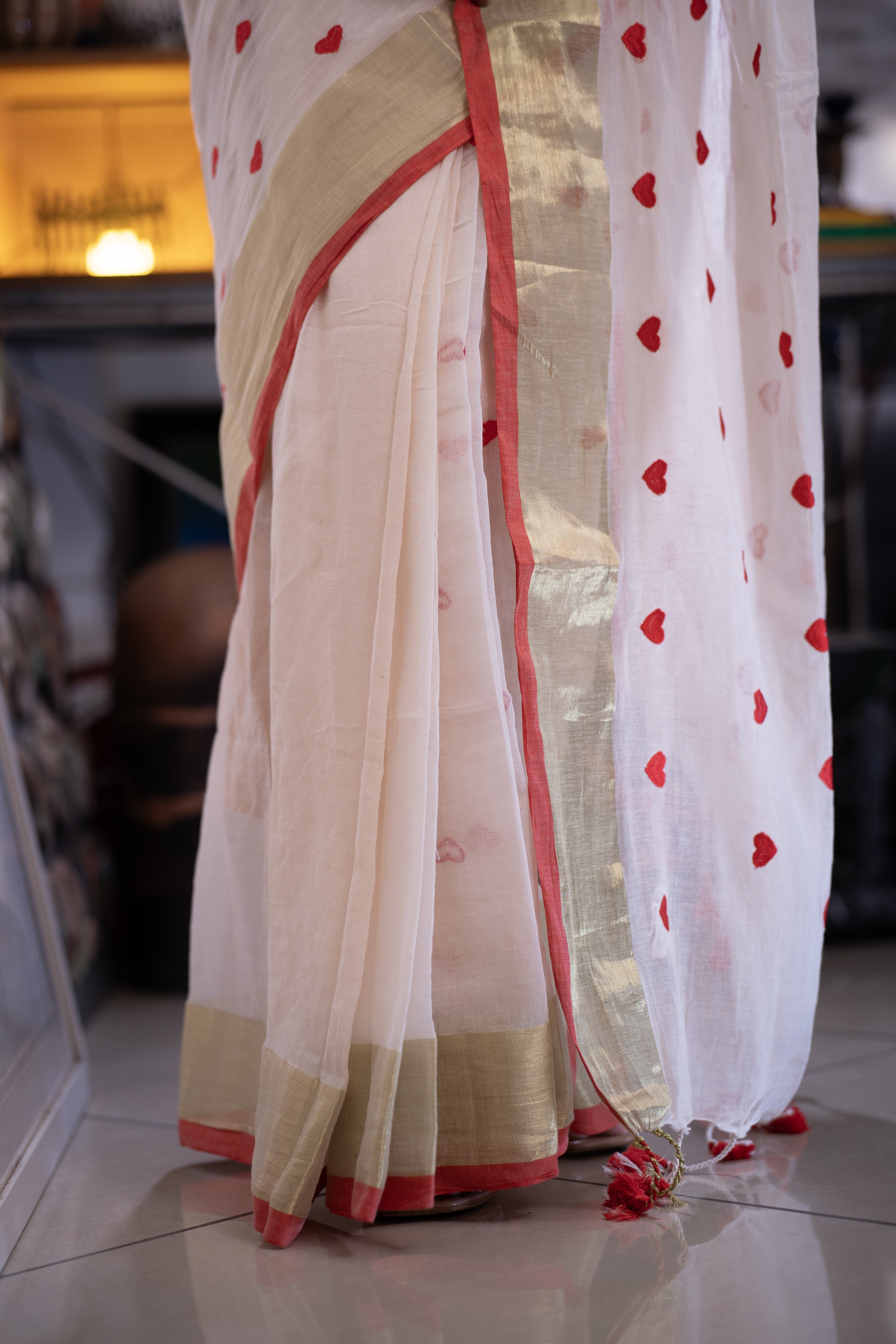 Cream Love embroidery Pure Mulmul Cotton Saree