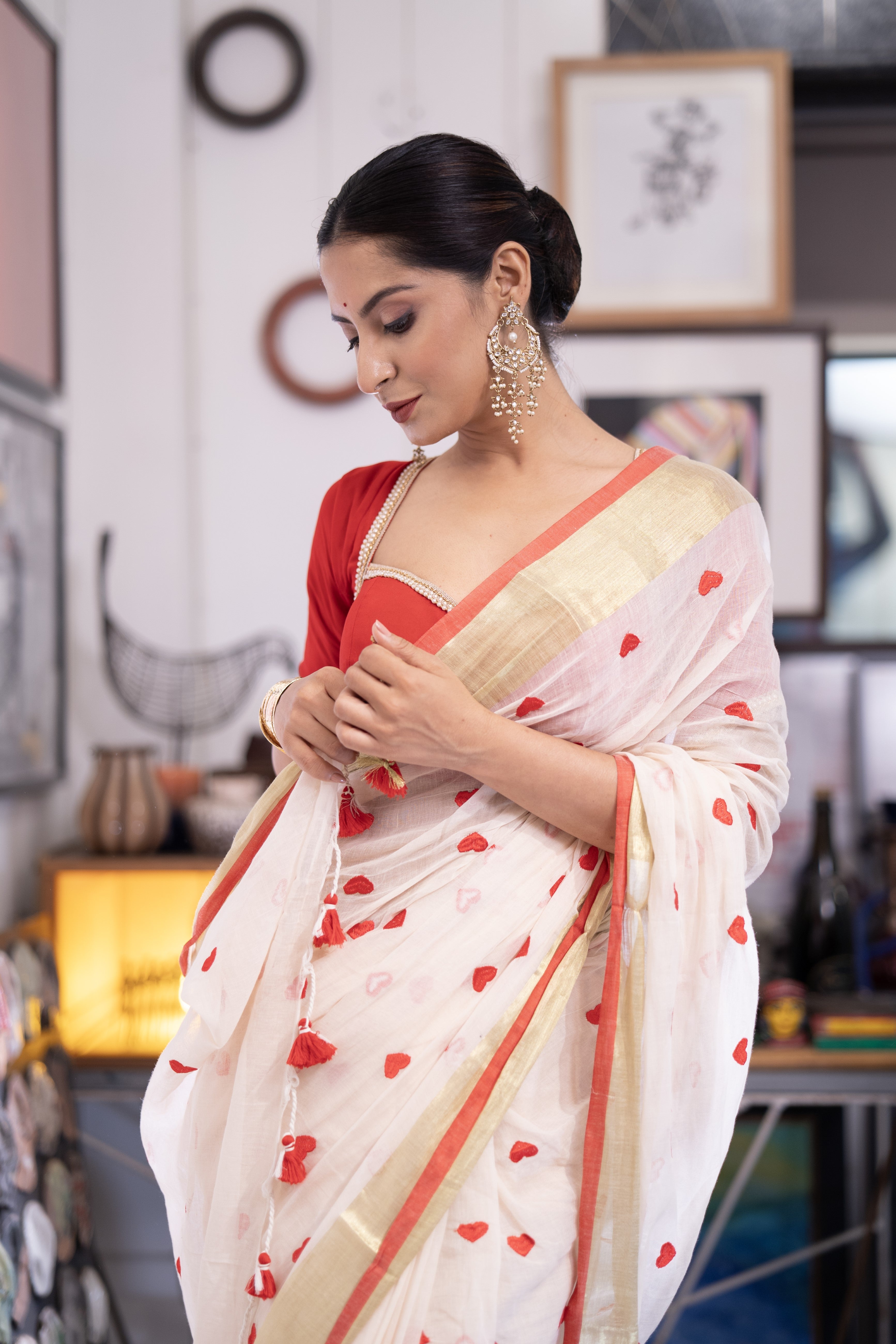 Cream Love embroidery Pure Mulmul Cotton Saree