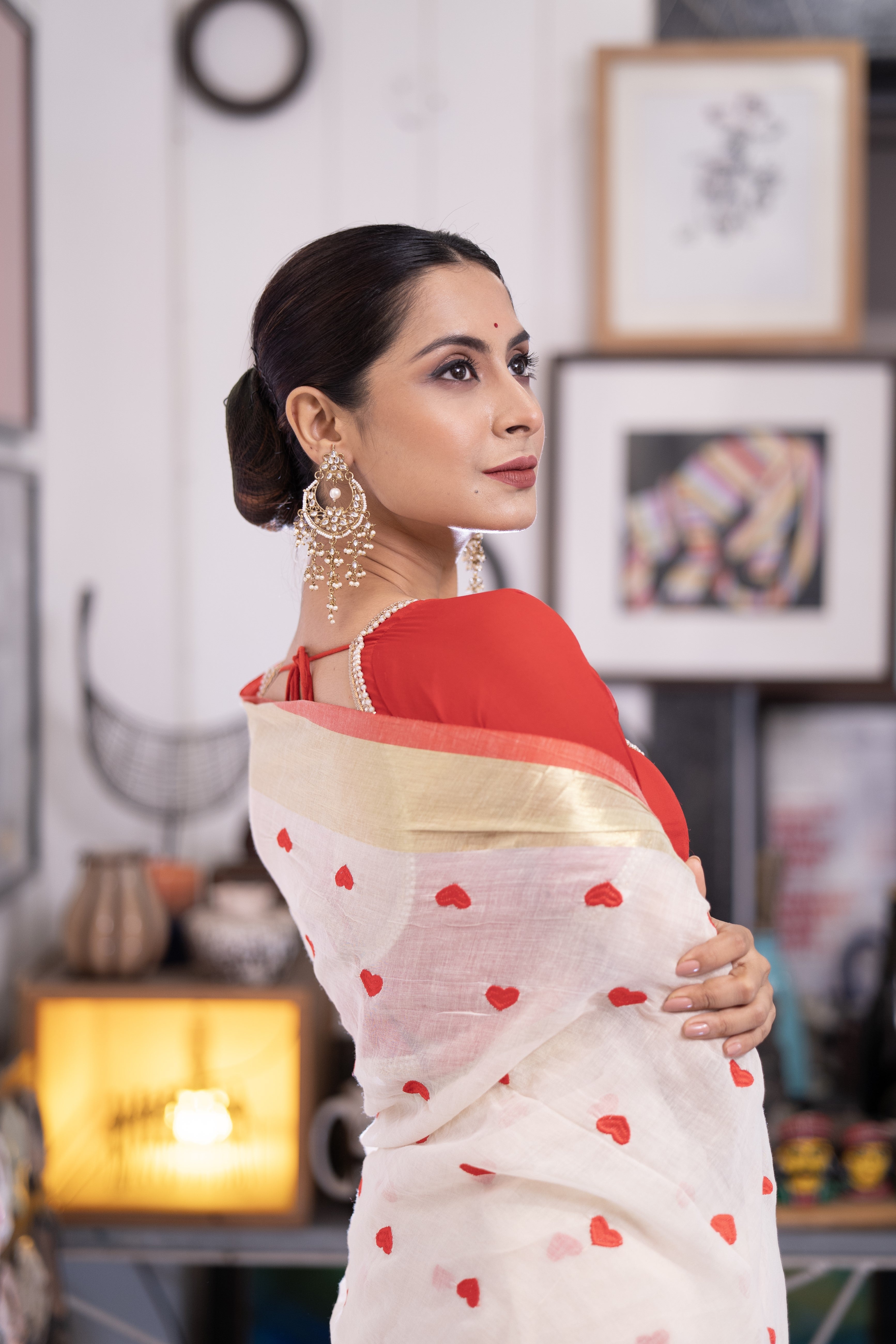 Cream Love embroidery Pure Mulmul Cotton Saree