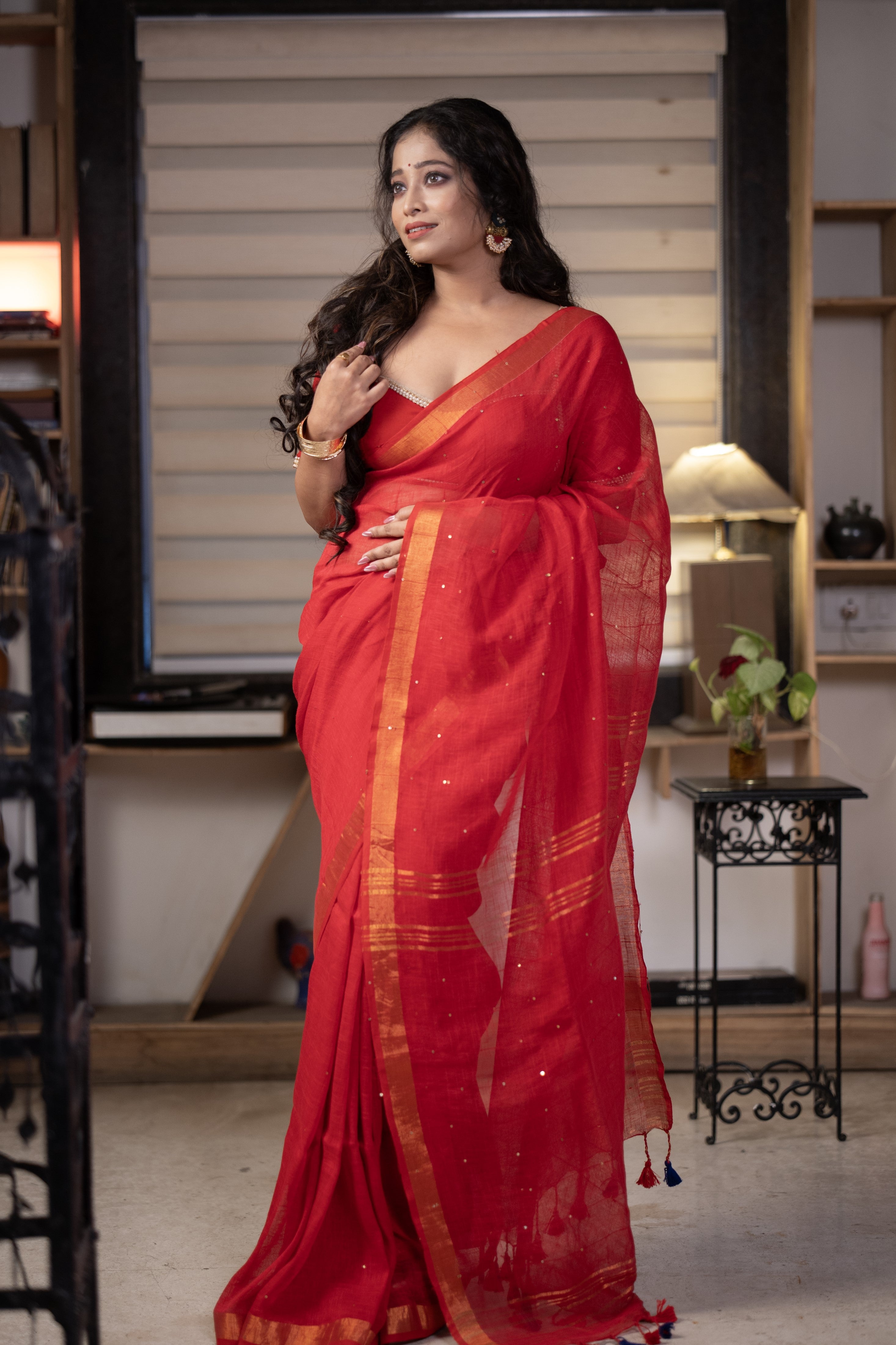 Red Sequence Work Linen Saree with golden zari border