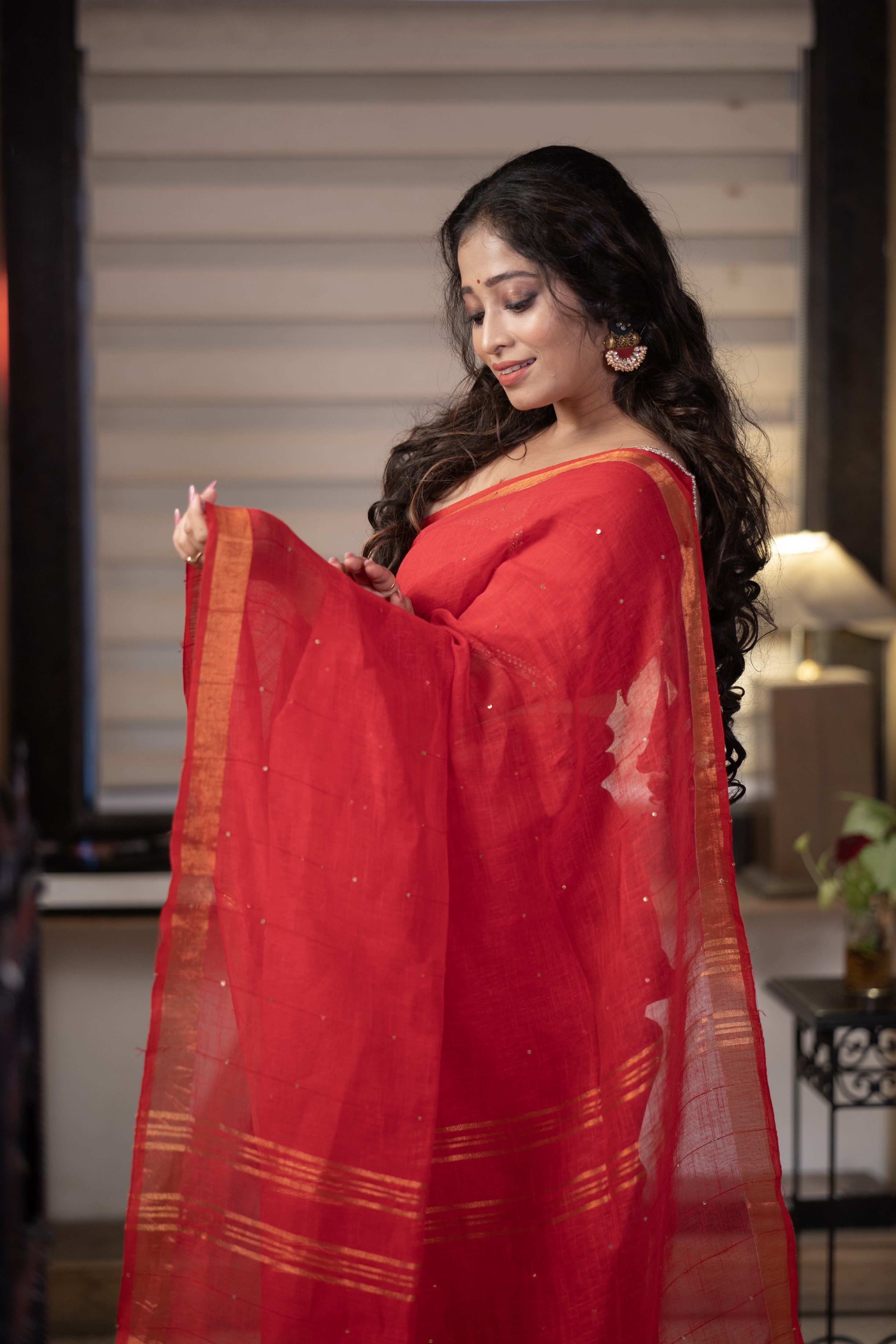 Red Sequence Work Linen Saree with golden zari border