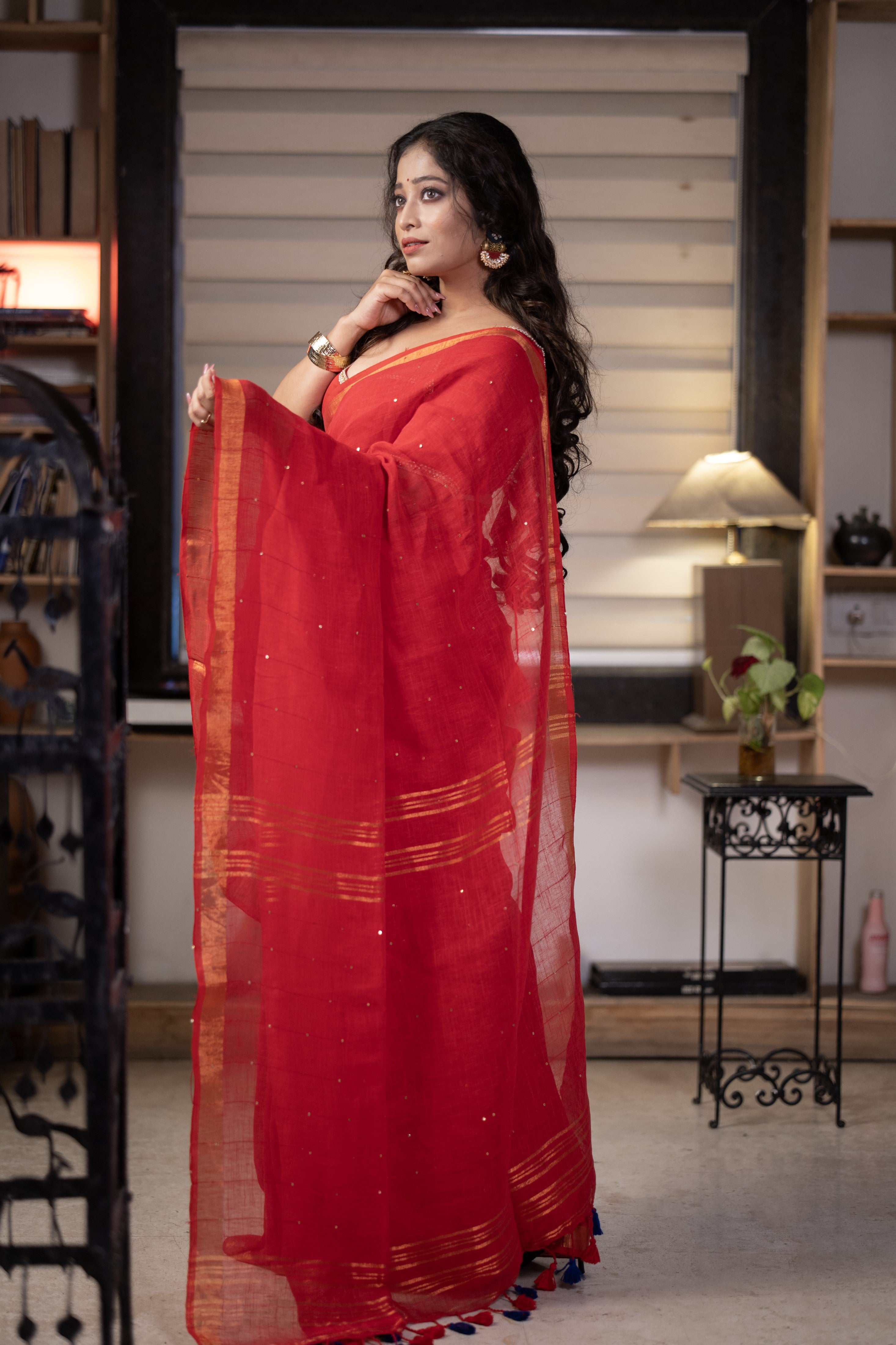 Red Sequence Work Linen Saree with golden zari border