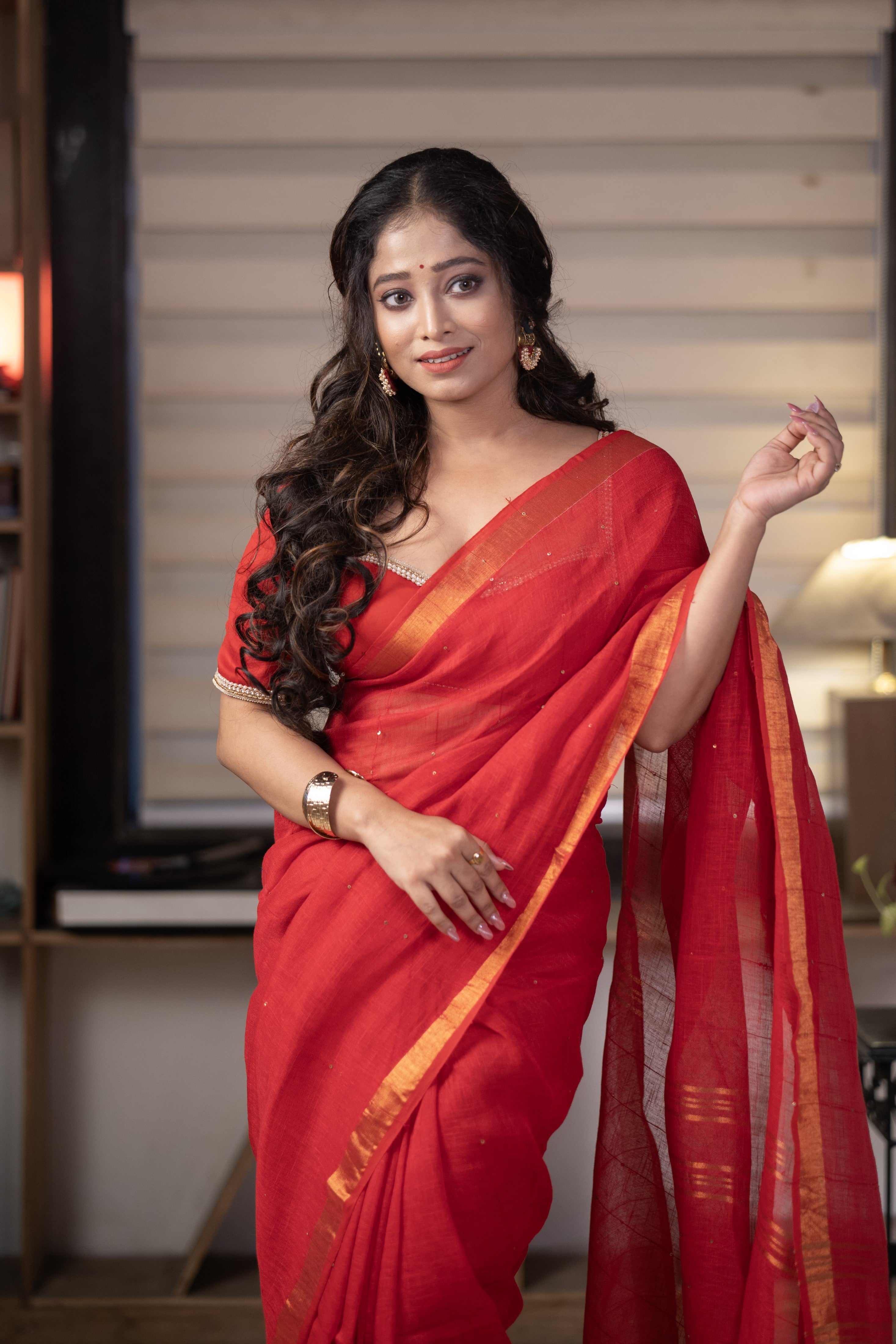 Red Sequence Work Linen Saree with golden zari border