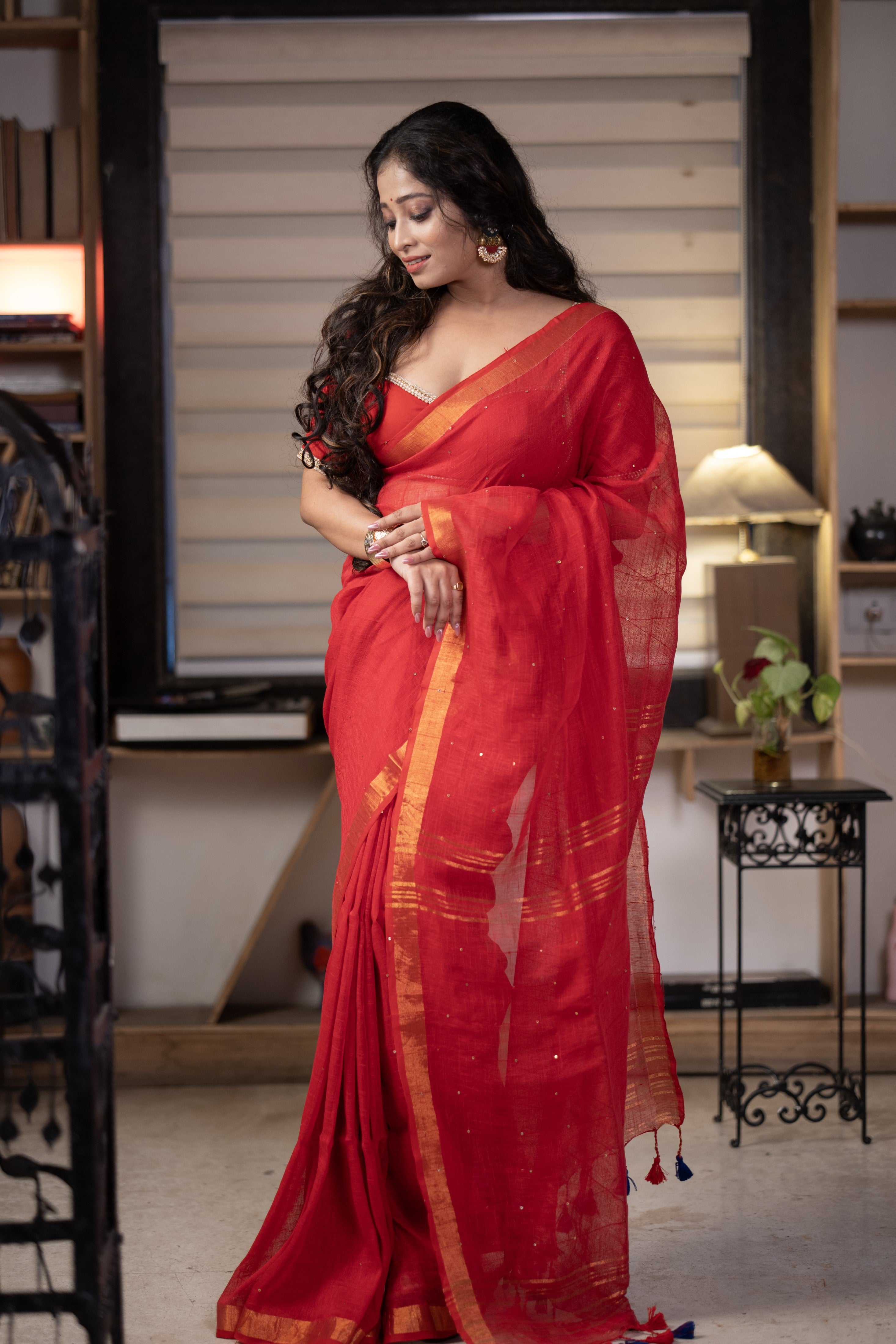 Red Sequence Work Linen Saree with golden zari border