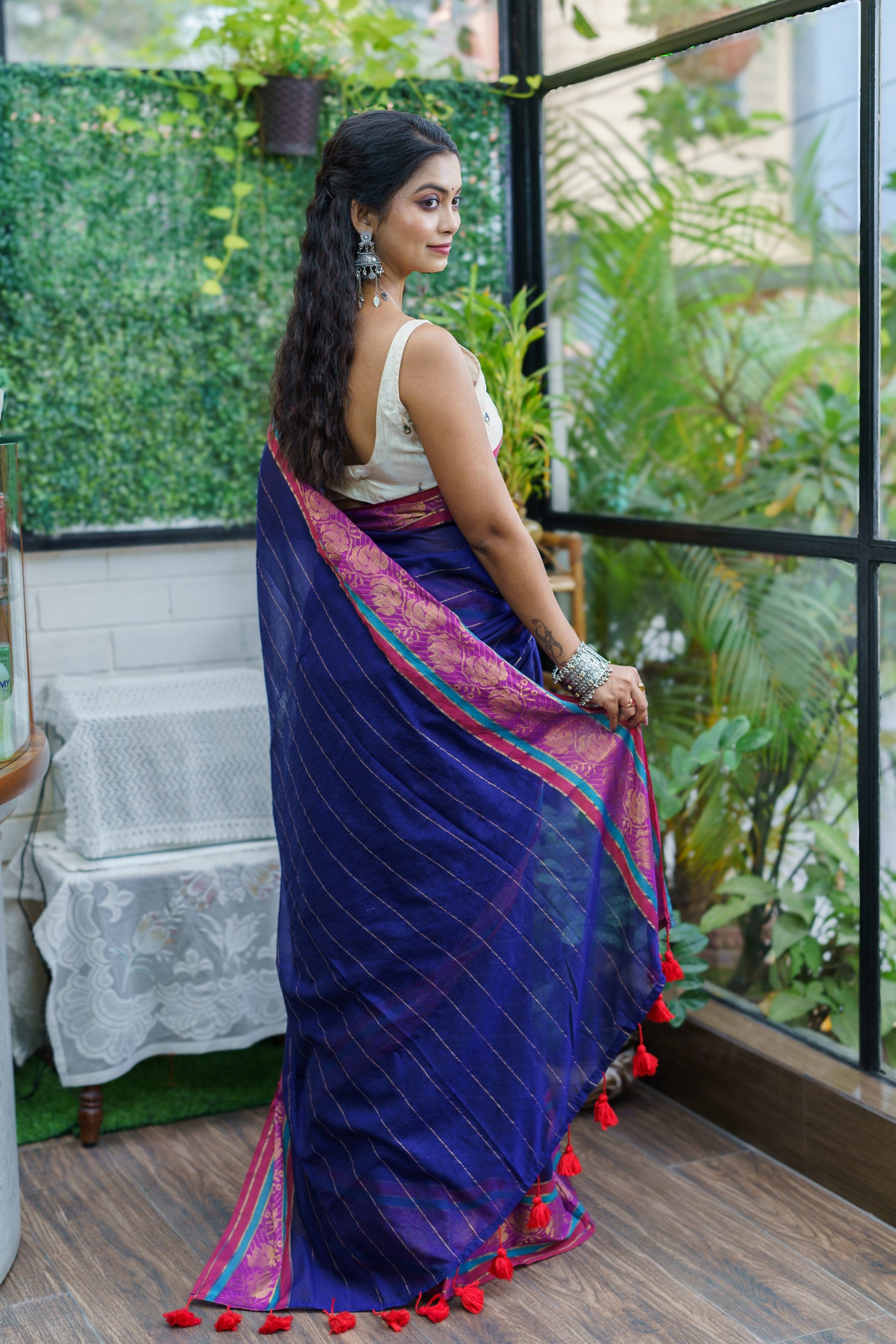 Royal Blue Mulmul Cotton Saree with Golden Zari Stripes With Blouse Piece