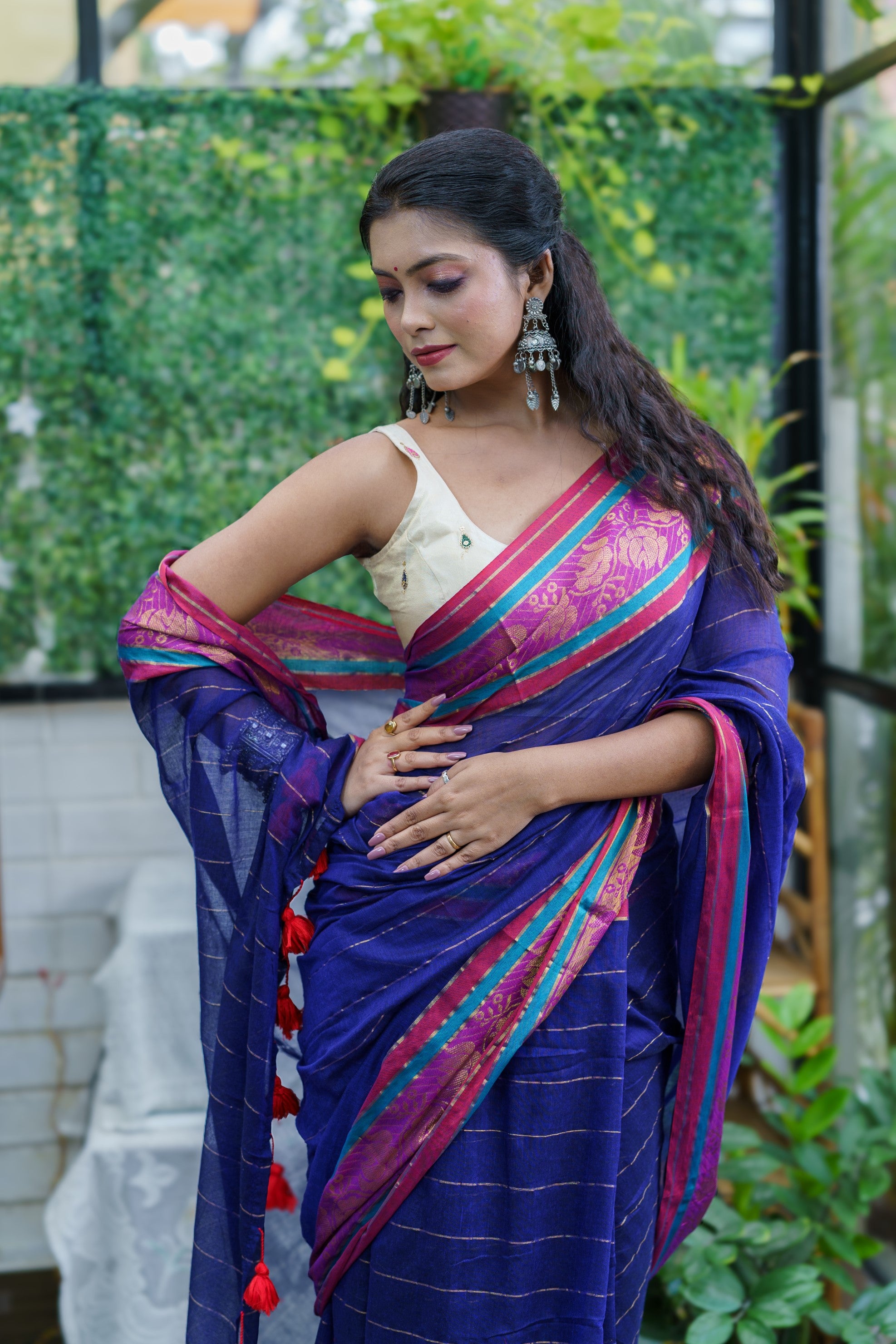 Royal blue golden zari stripes Blue Mulmul Cotton Saree with contrast Blouse Piece