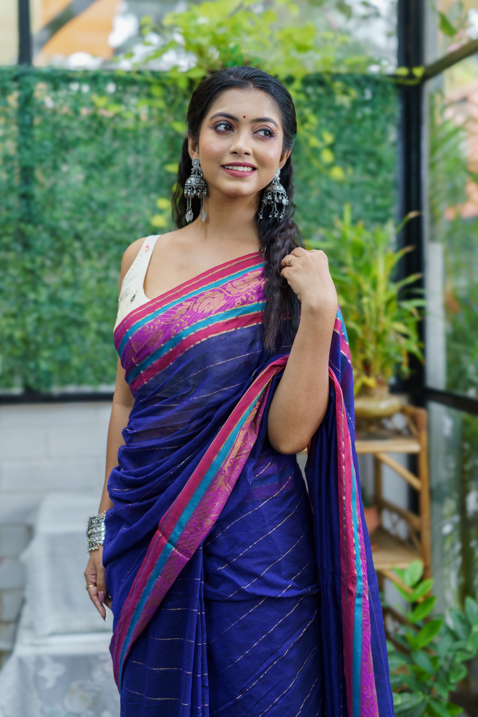 Royal blue golden zari stripes Blue Mulmul Cotton Saree with contrast Blouse Piece