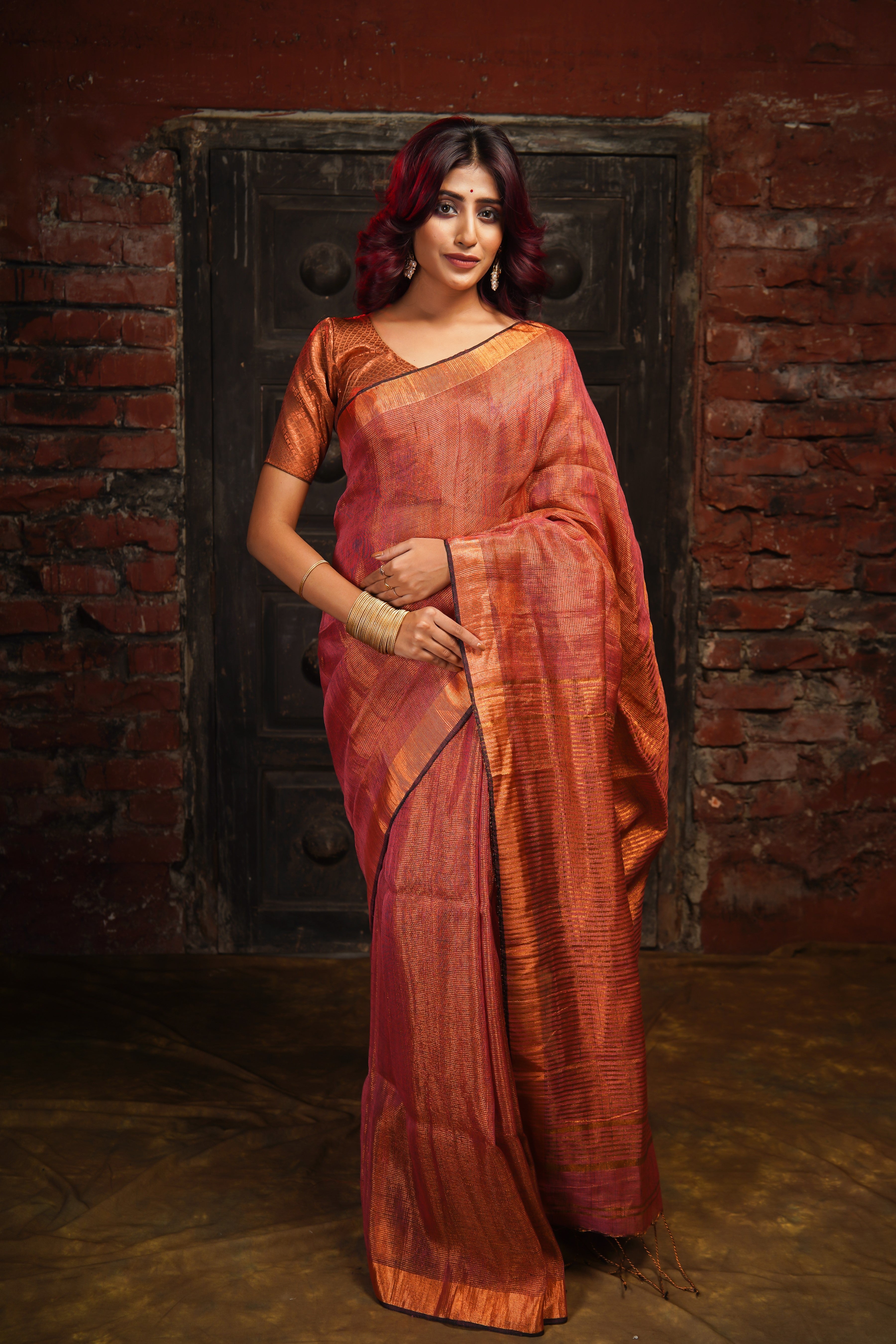 Rust Dual Tone Tissue Linen Saree