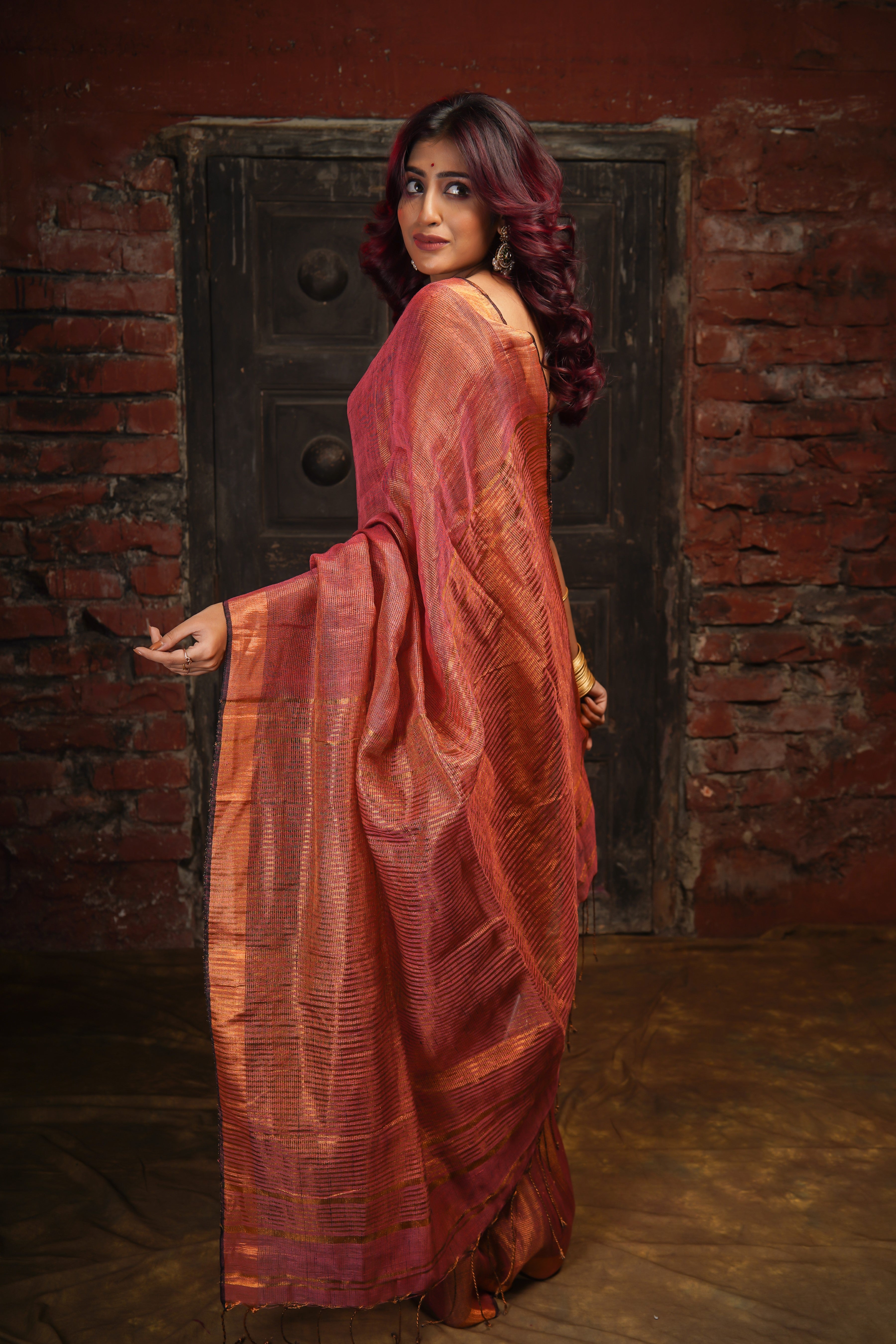Rust Dual Tone Tissue Linen Saree with blouse piece